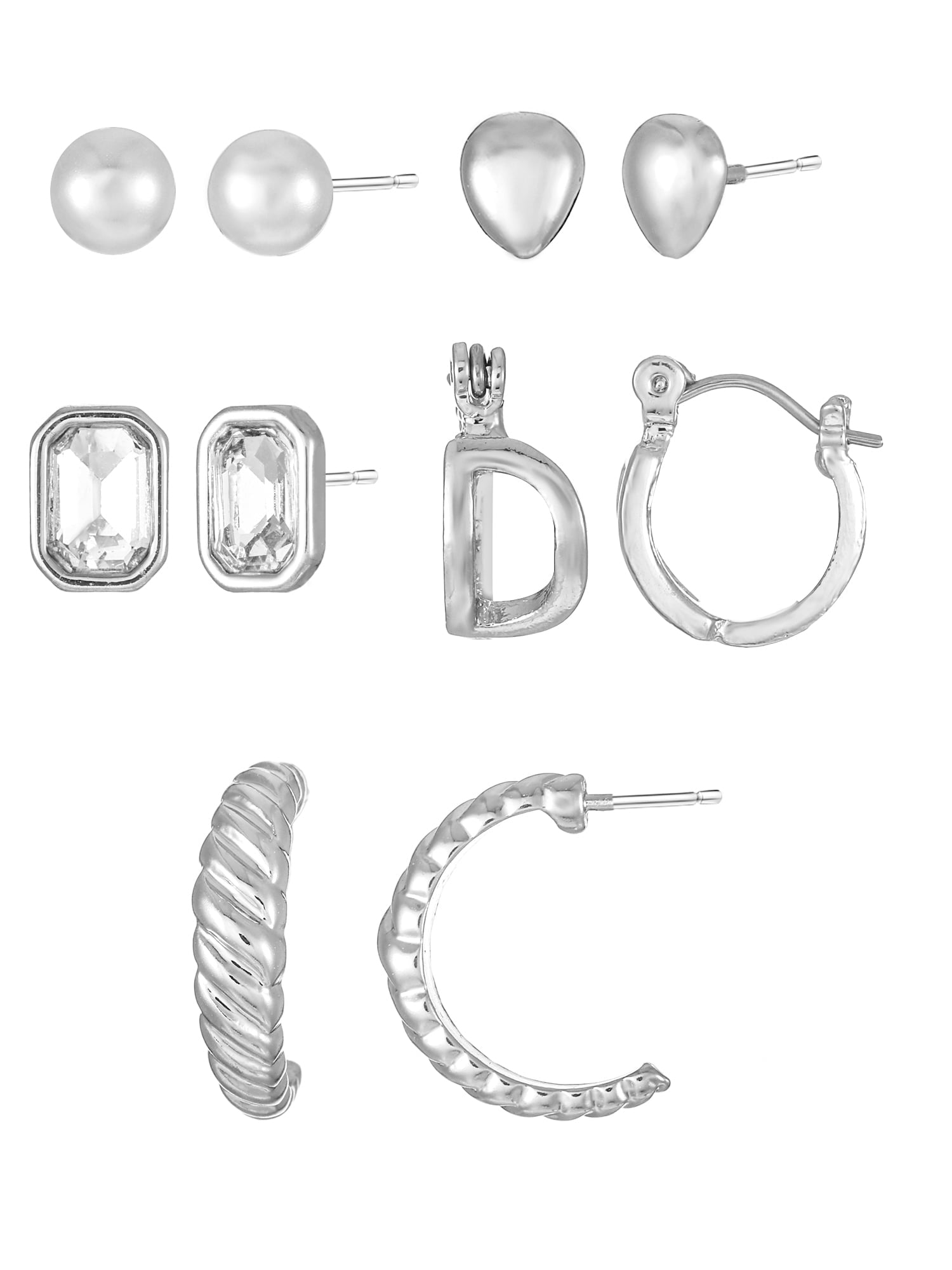 Silvertone Multi Earring Set, 5 Pairs, Initial B