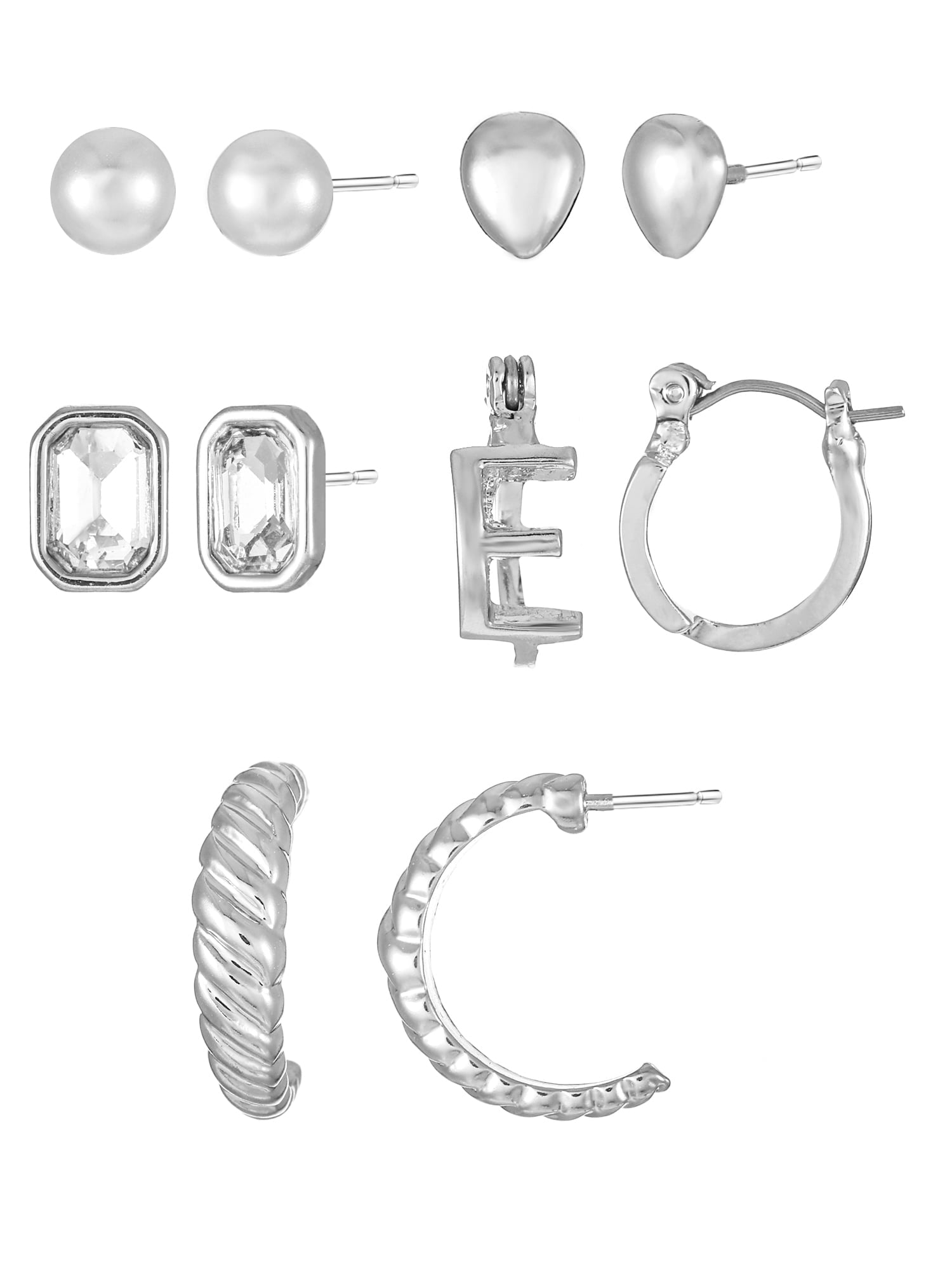 Silvertone Multi Earring Set, 5 Pairs, Initial B