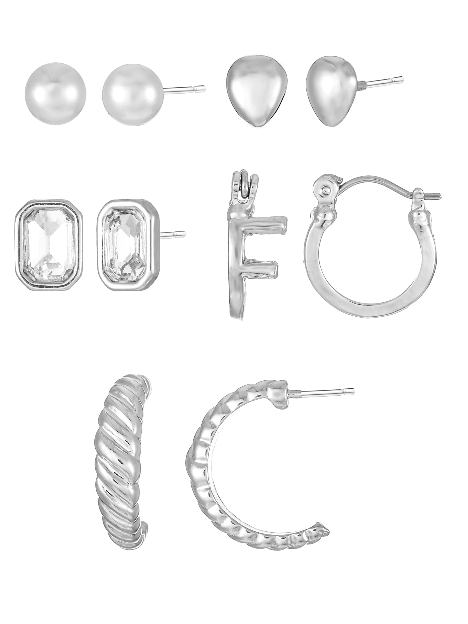 Silvertone Multi Earring Set, 5 Pairs, Initial B