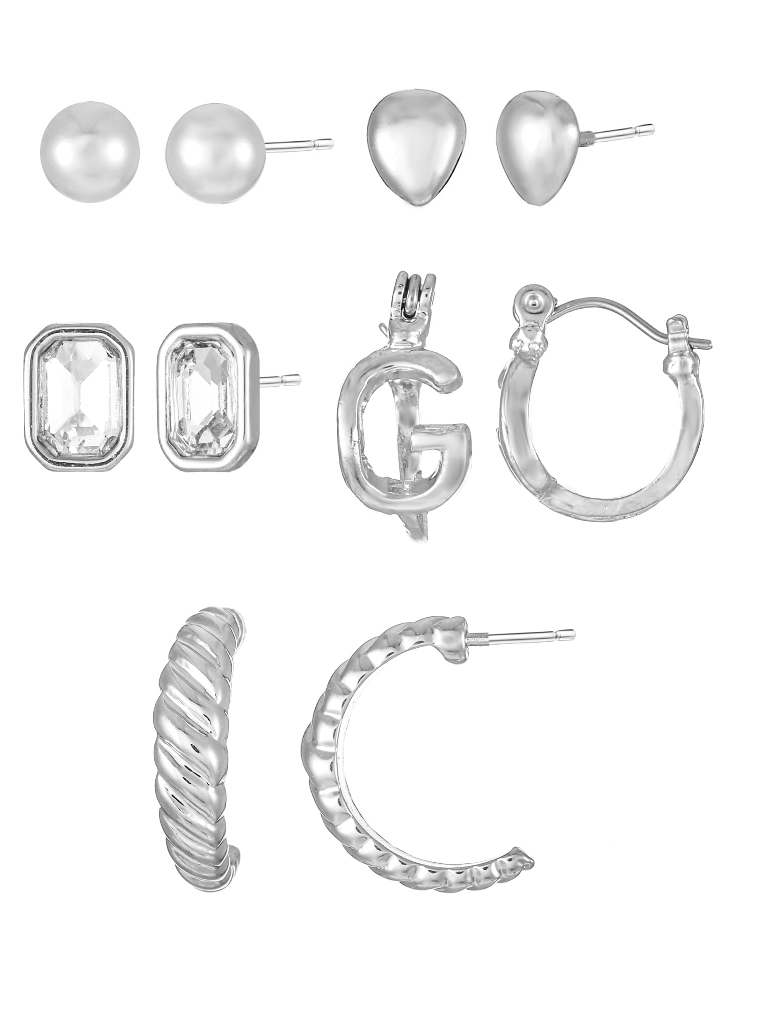 Silvertone Multi Earring Set, 5 Pairs, Initial B