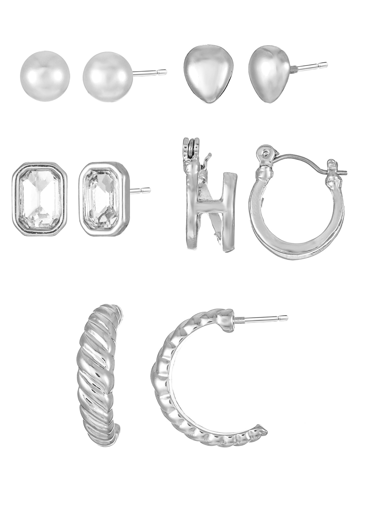Silvertone Multi Earring Set, 5 Pairs, Initial B