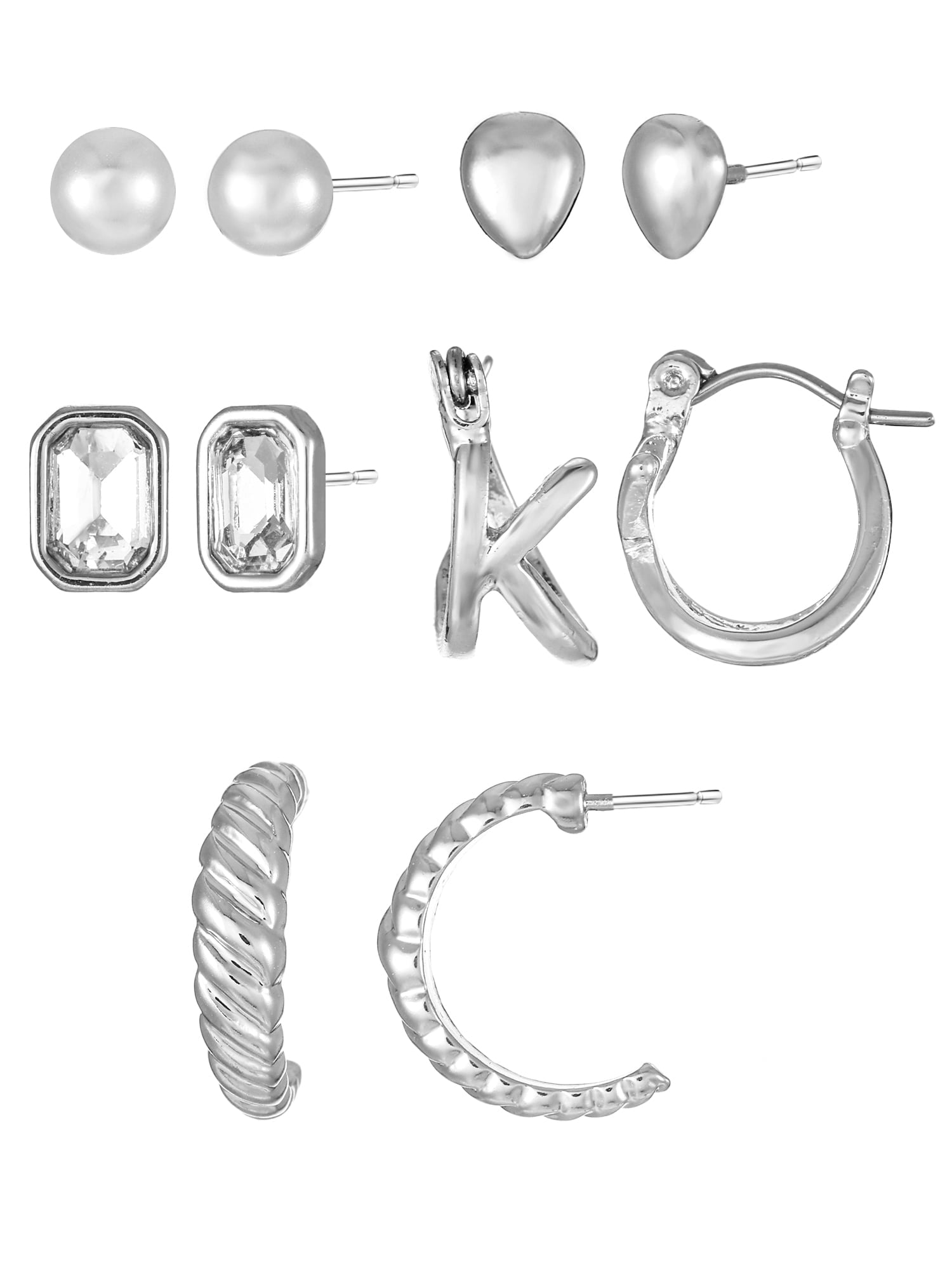 Silvertone Multi Earring Set, 5 Pairs, Initial B