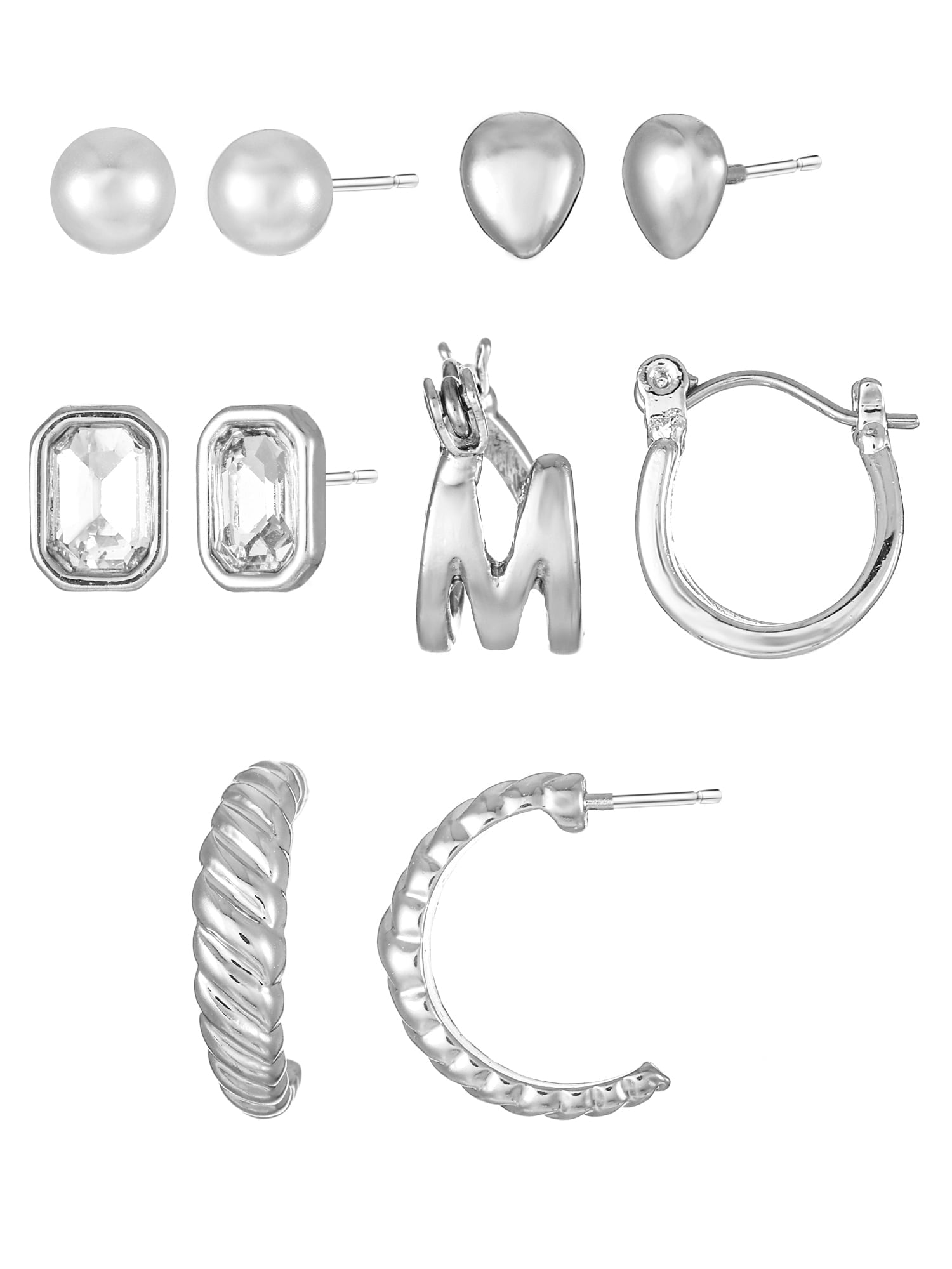 Silvertone Multi Earring Set, 5 Pairs, Initial B
