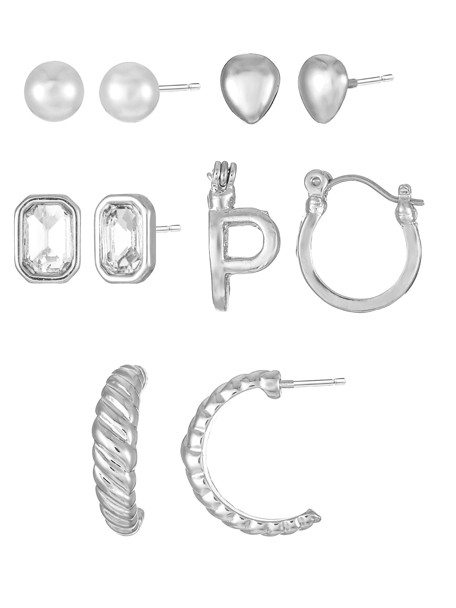 Silvertone Multi Earring Set, 5 Pairs, Initial B
