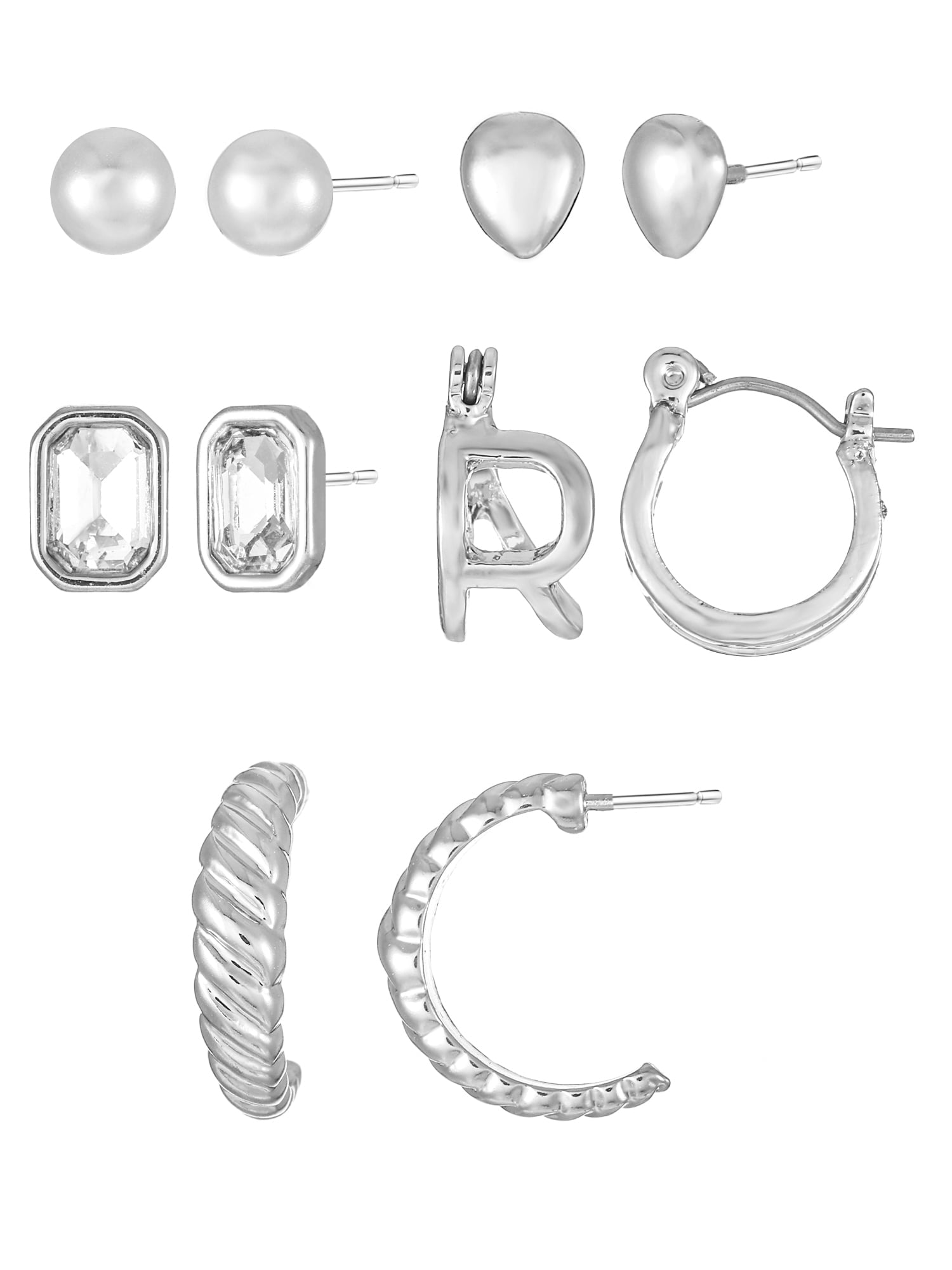 Silvertone Multi Earring Set, 5 Pairs, Initial B
