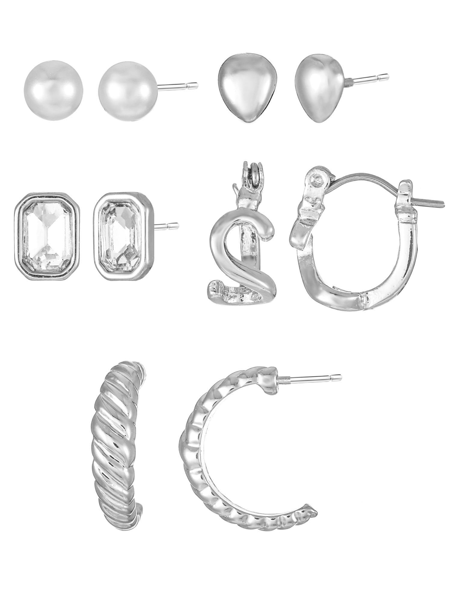 Silvertone Multi Earring Set, 5 Pairs, Initial B