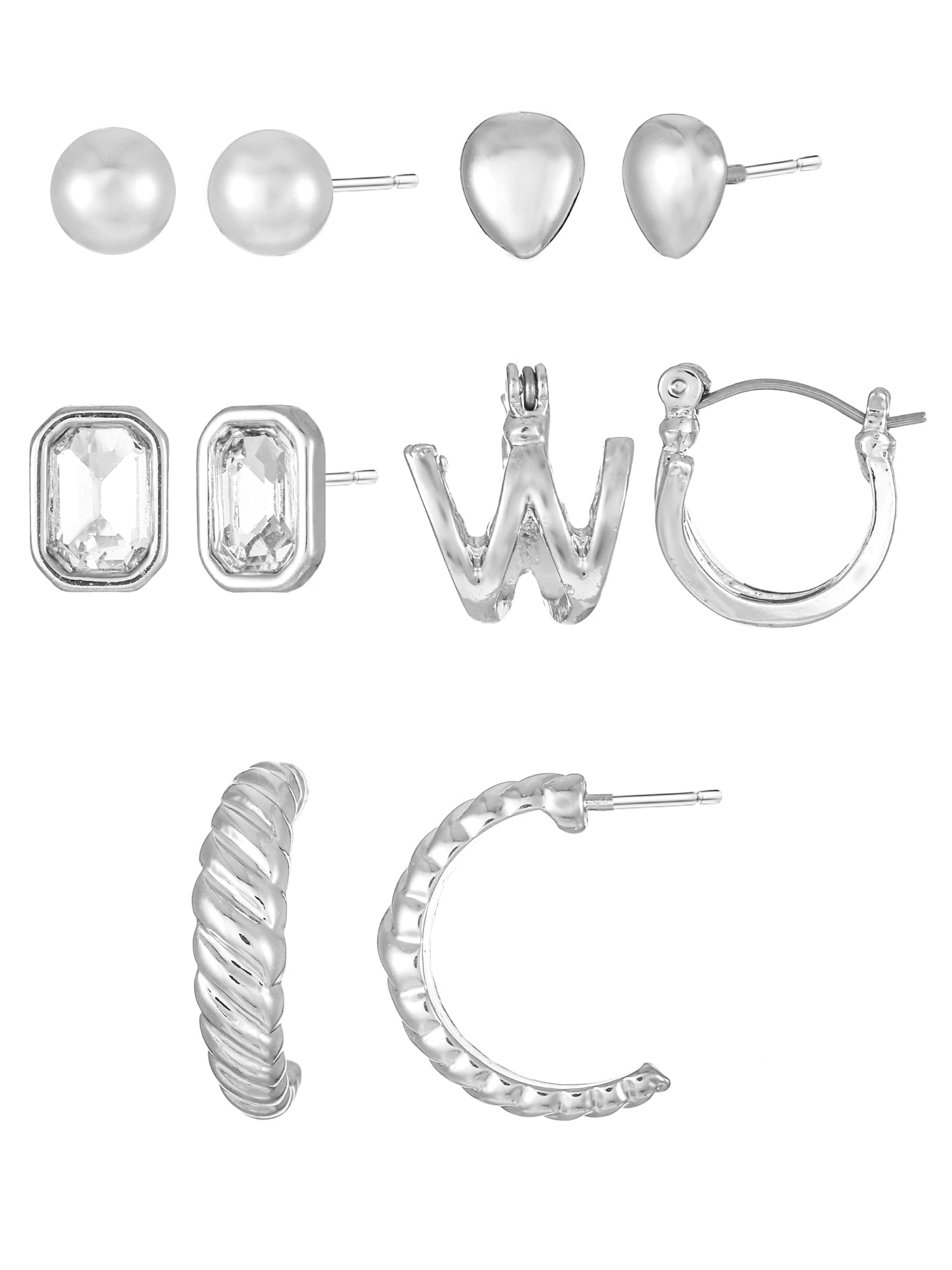 Silvertone Multi Earring Set, 5 Pairs, Initial B