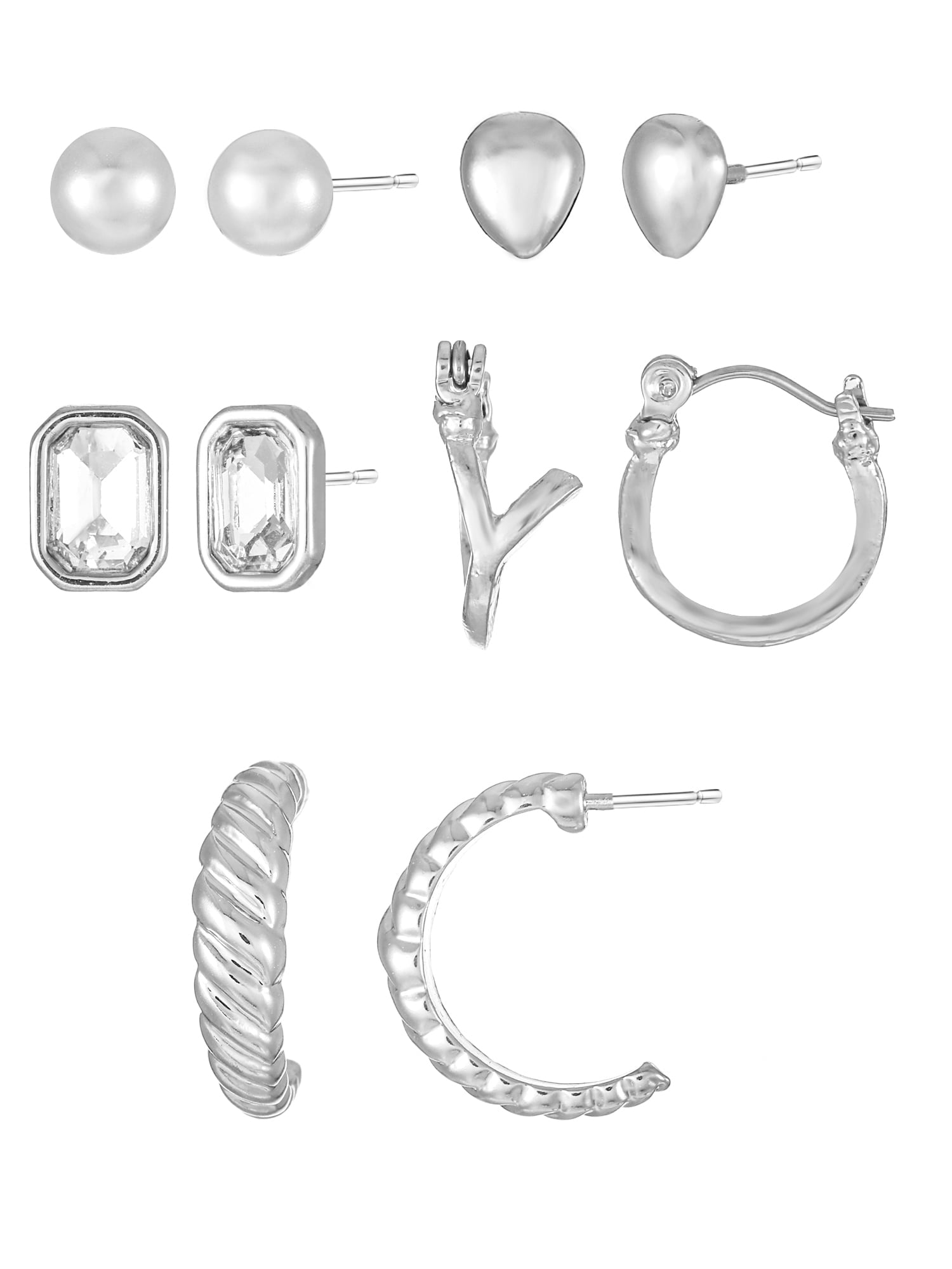 Silvertone Multi Earring Set, 5 Pairs, Initial B