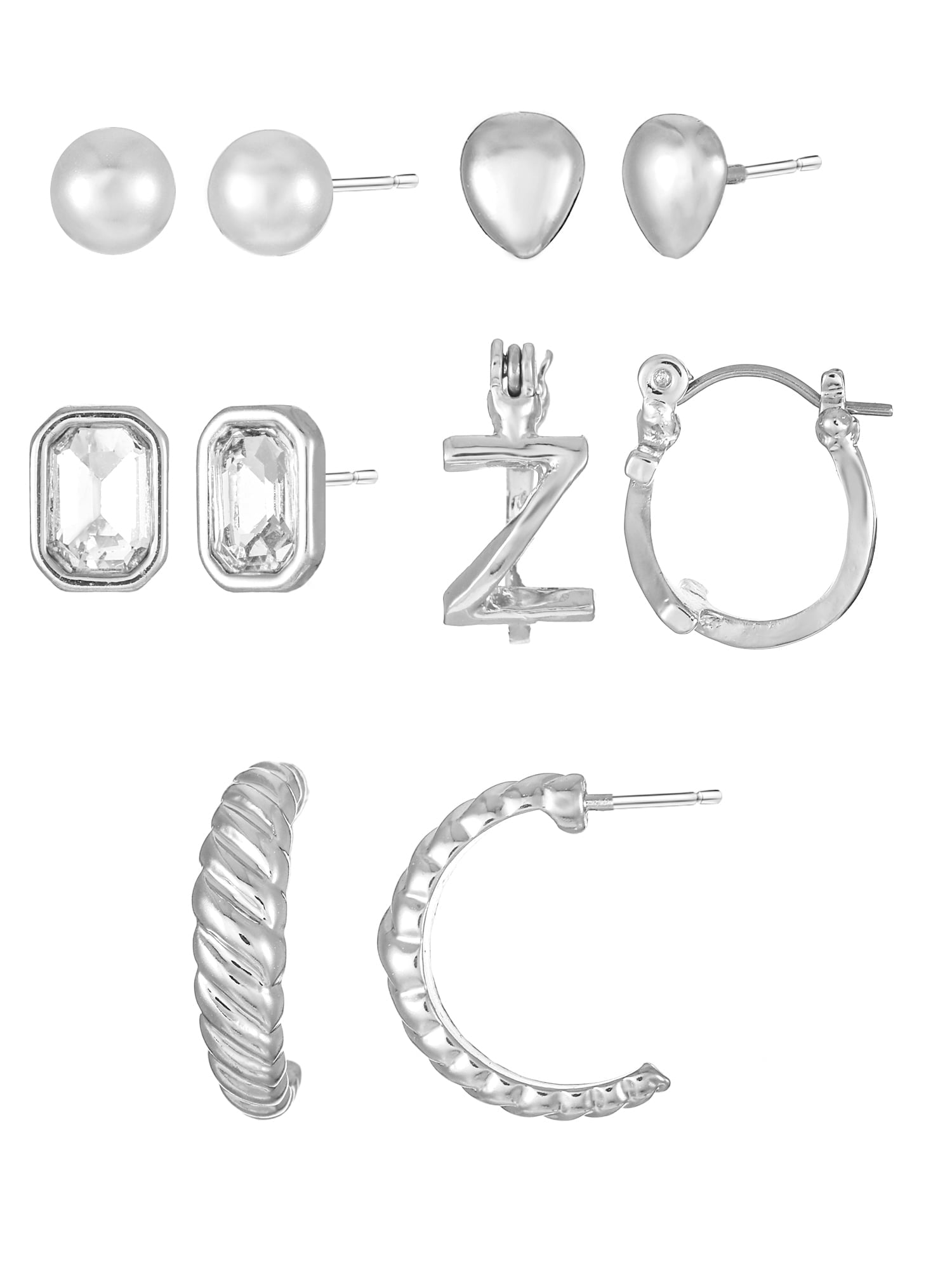 Silvertone Multi Earring Set, 5 Pairs, Initial B