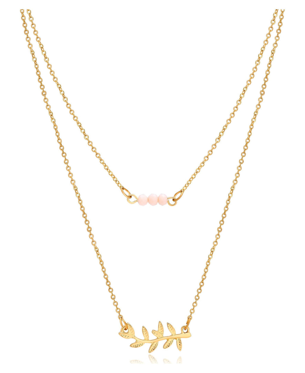 Women's Tone Delicate Duo Layered Peach Glass Bead and Leaf Necklaces.