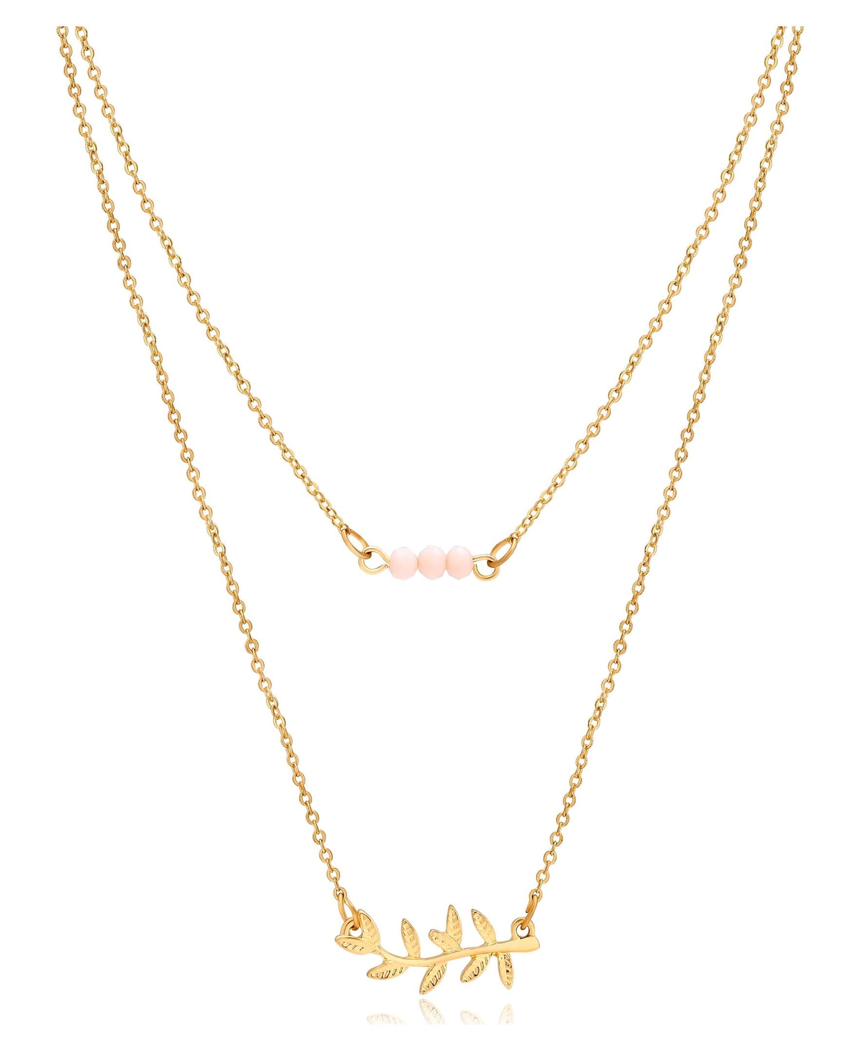 Women's Tone Delicate Duo Layered Peach Glass Bead and Leaf Necklaces.