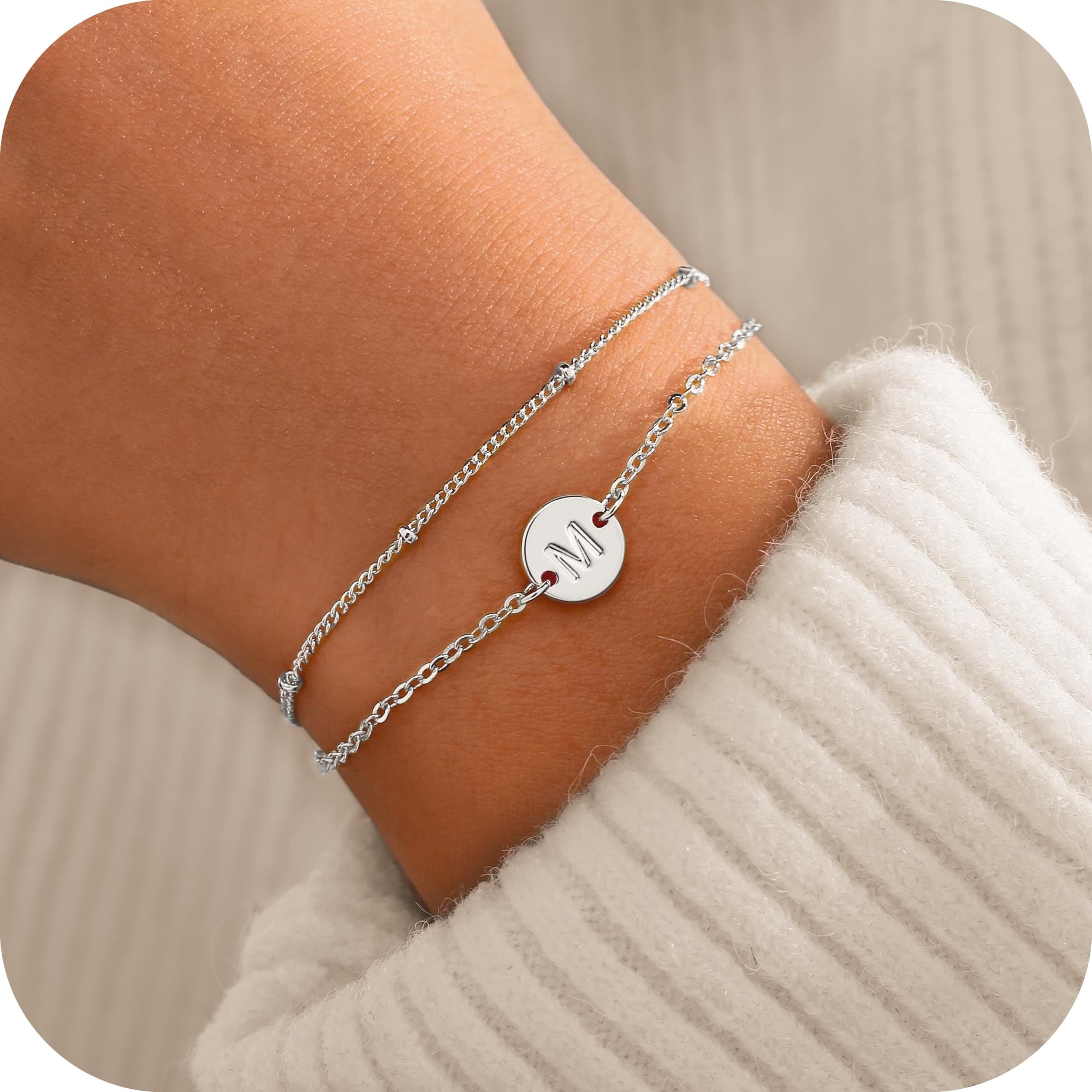 14K Plated Dainty Charm Disc Layered Initial Link Bracelet for Women Letter A-Z Jewelry Personalized Easter for Her Kids Women Girls