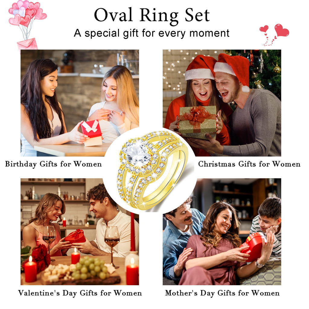 S925 Sterling Plated Oval Wedding Rings for Women CZ Eternity Band Engagement Rings Set Valentines Day Jewelry Gifts Her Mom Wife Girlfriend Adults Ideas