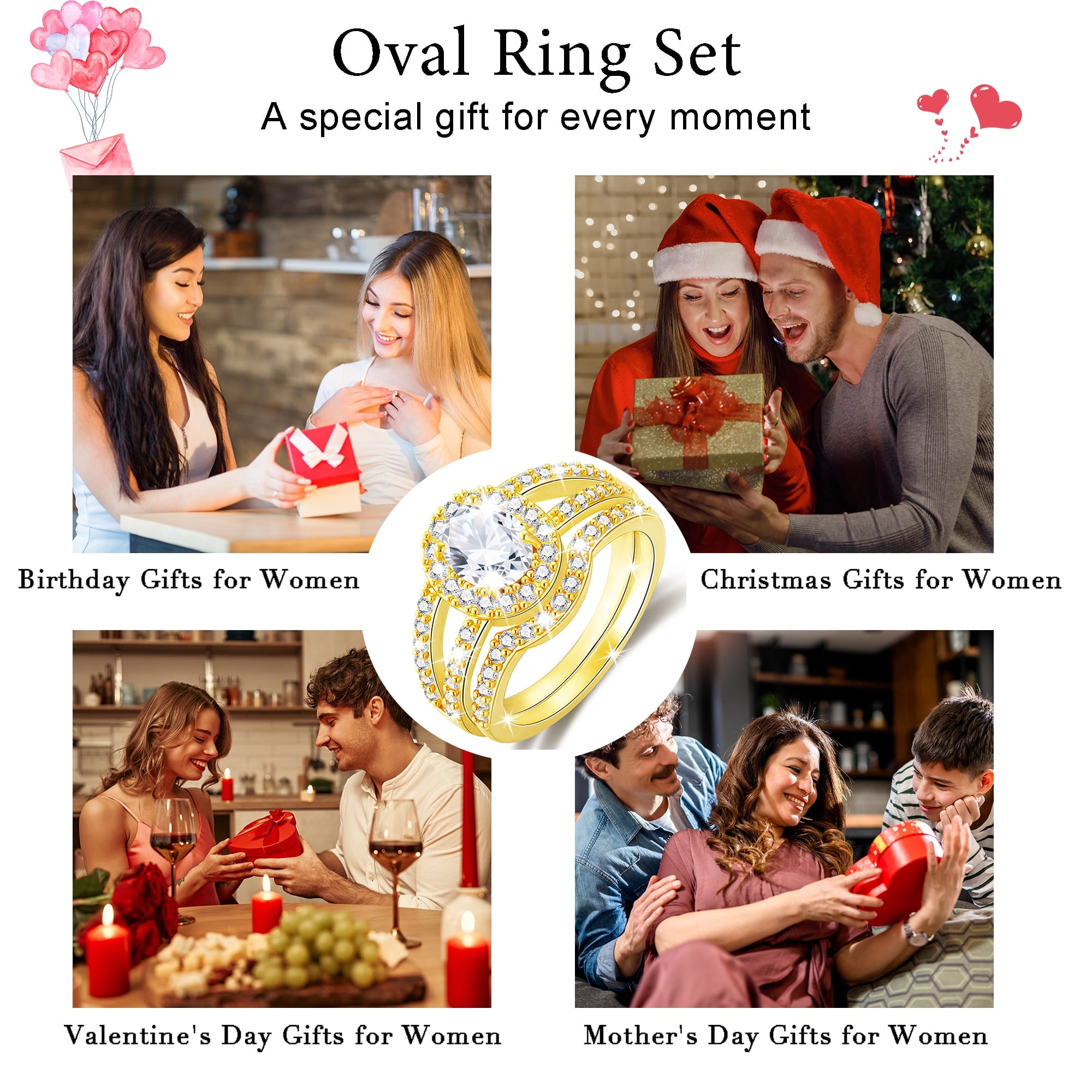 S925 Sterling Plated Oval Wedding Rings for Women CZ Eternity Band Engagement Rings Set Valentines Day Jewelry Gifts Her Mom Wife Girlfriend Adults Ideas