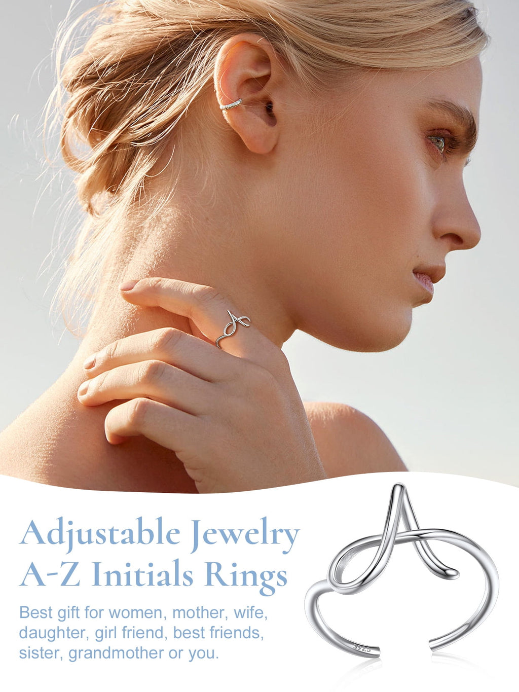 Sterling Ring for Women Adjustable Open Initial Rings Twisted Stackable Dainty Valentines Gifts Jewelry for Mom Daughter