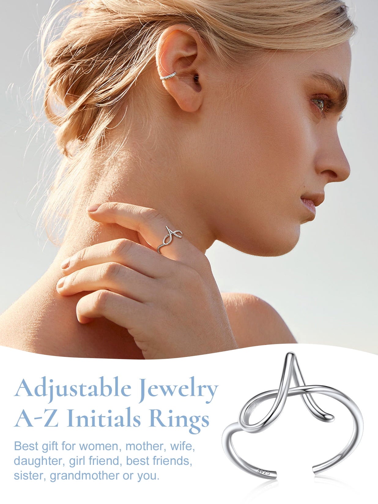 Sterling Ring for Women Adjustable Open Initial Rings Twisted Stackable Dainty Valentines Gifts Jewelry for Mom Daughter
