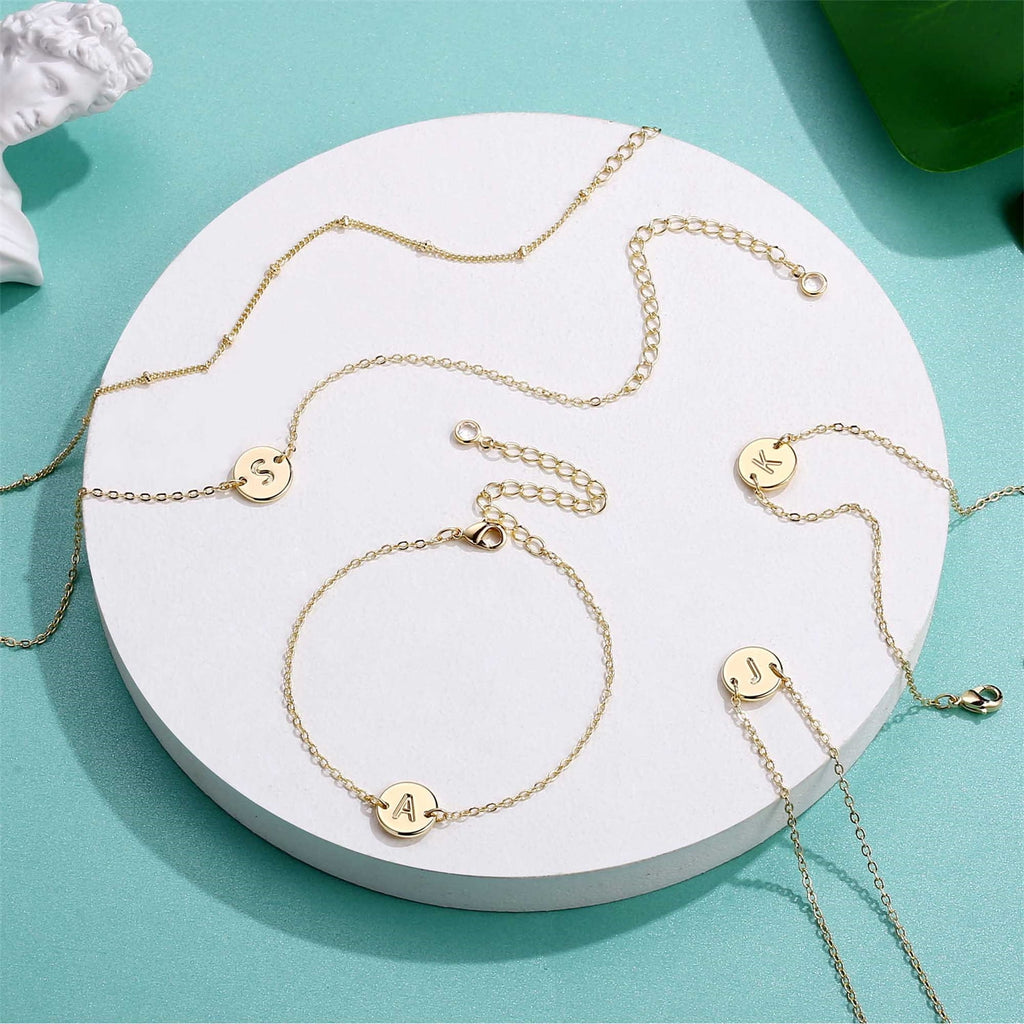 14K Plated Layered Initial Bracelets for Women Girls Dainty Adjustable Disc Charm Chain Personalized Letter A-Z Jewelry Easter Gifts for Women Girls