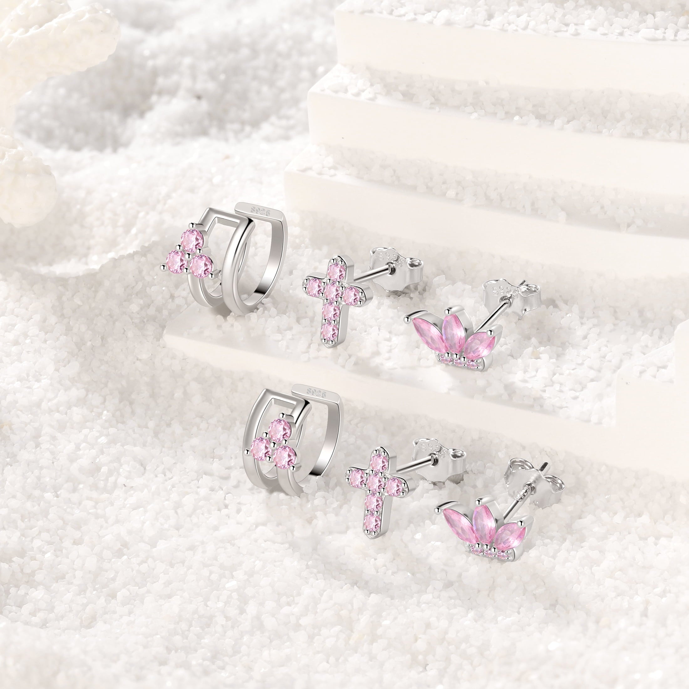 3 Pairs 925 Sterling Cross Earrings Set for Women, Flower Studs and Ear Cuffs Jewelry Set for Her