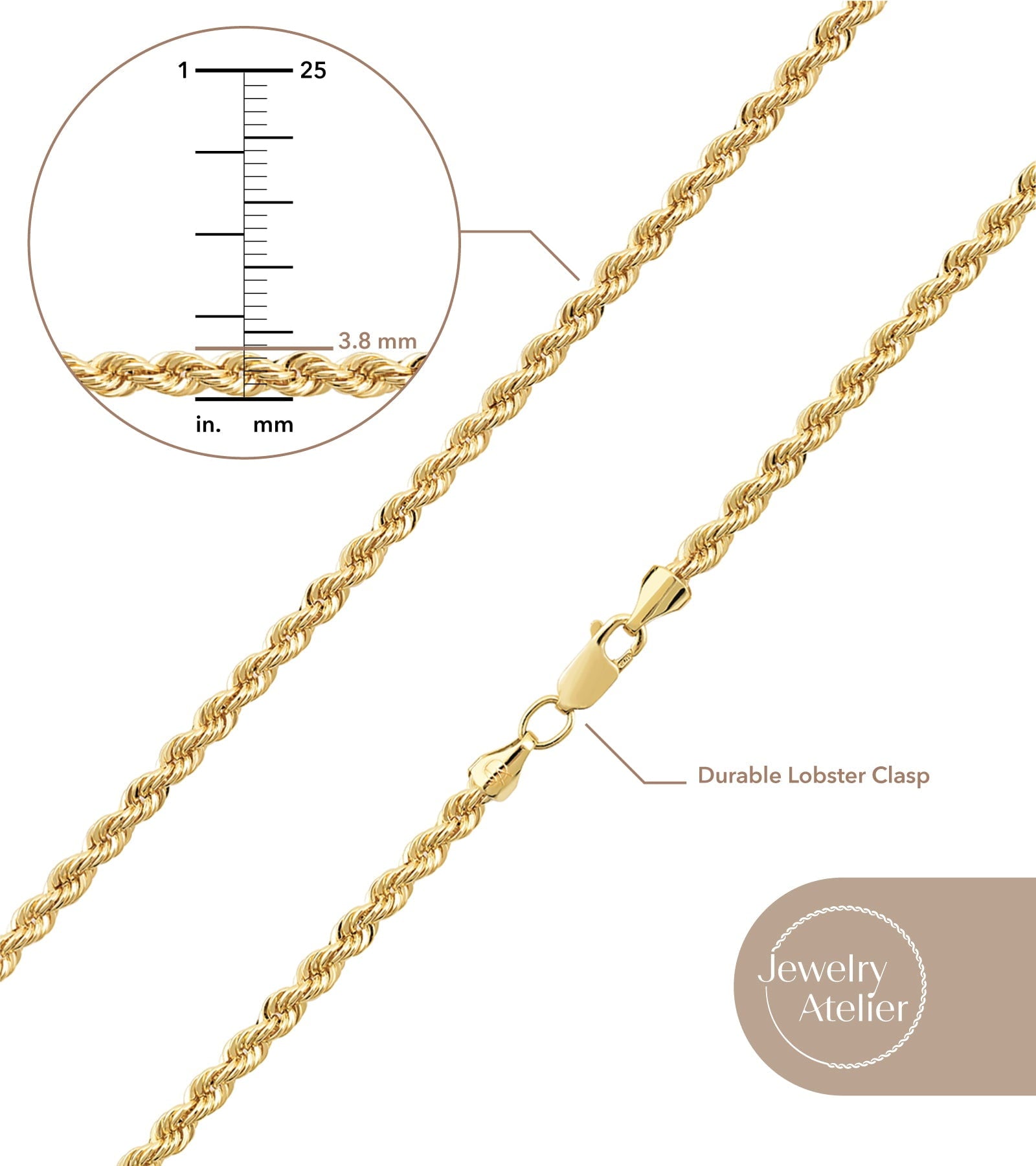 Chain Necklace Collection - 14K Solid Yellow Filled Rope Chain Necklaces for Women and Men with Different Sizes (2.1mm, 2.7mm, or 3.8mm)