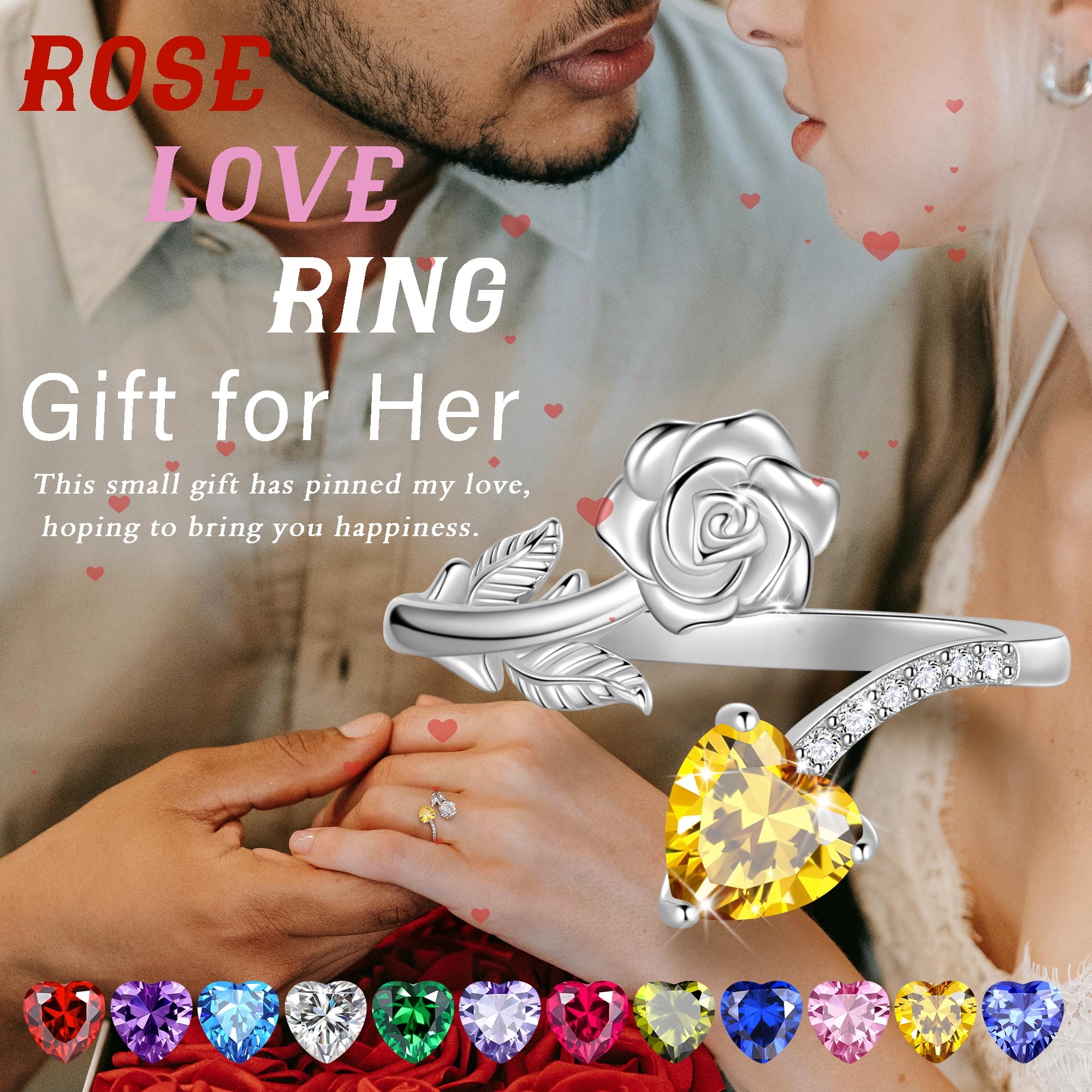 Rose Heart Ring,925 Sterling Adjustable Open Heart Rings Jewelry Gifts for Women Mom -December