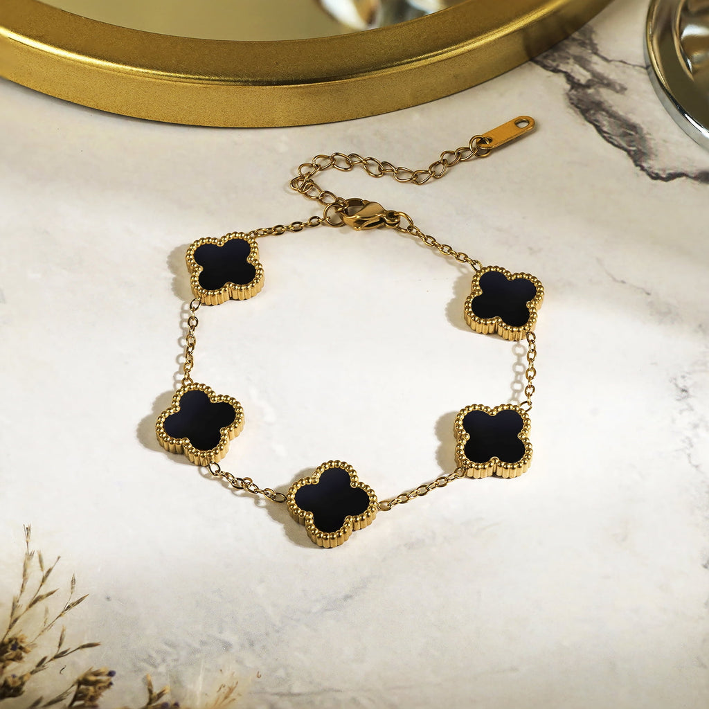 White Flower Link Bracelet in Yellow Plated