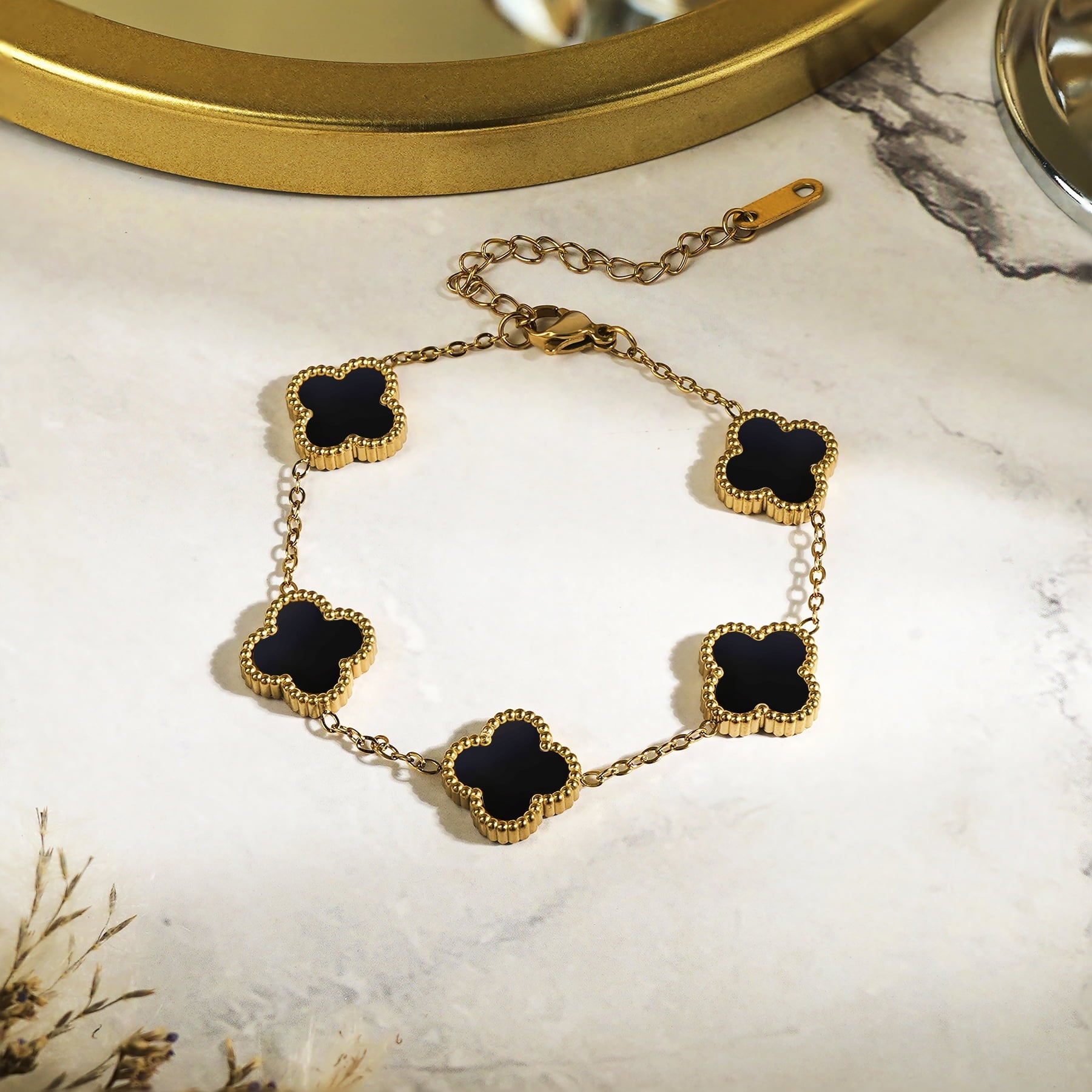 White Flower Link Bracelet in Yellow Plated