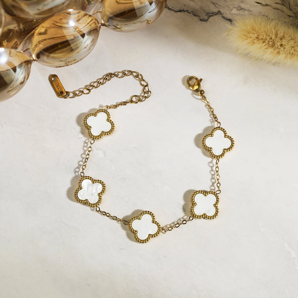 White Flower Link Bracelet in Yellow Plated