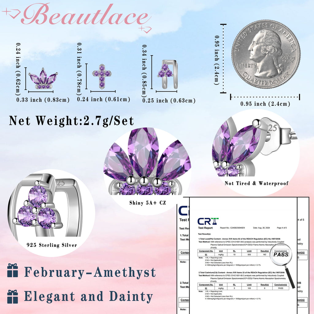 3 Pairs 925 Sterling Cross Earrings Set for Women, Flower Studs and Ear Cuffs Jewelry Set for Her
