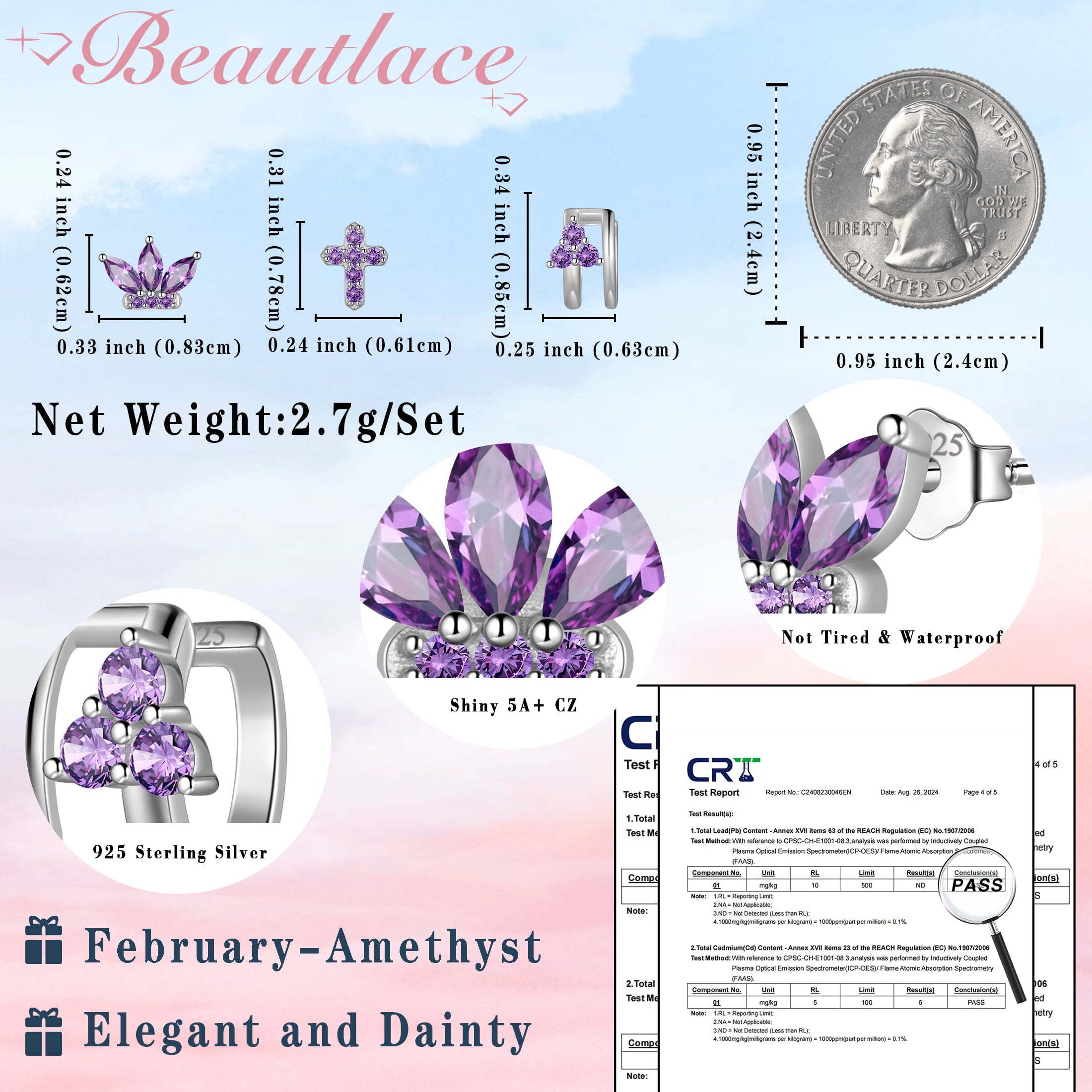 3 Pairs 925 Sterling Cross Earrings Set for Women, Flower Studs and Ear Cuffs Jewelry Set for Her