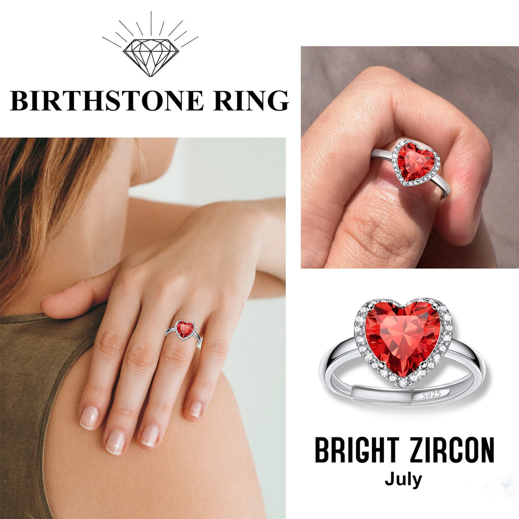 S925 Sterling Heart Rings for Women Sparkle Open Band Ring July Created Ruby Rings Size 6-12