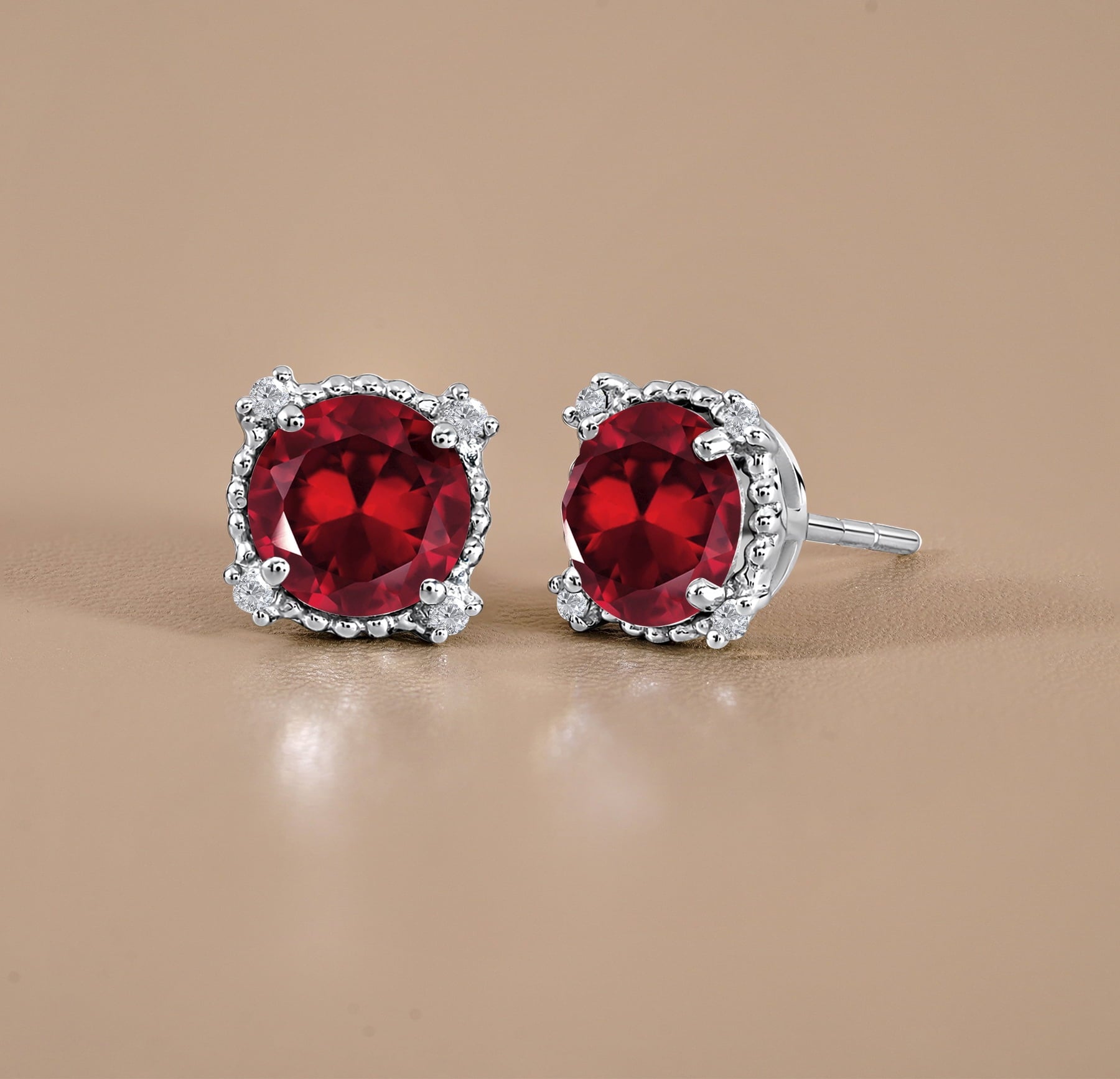 3.5 Round Cut April Stud Earrings - Halo Milgrain Earrings in 18K White Plating for Women