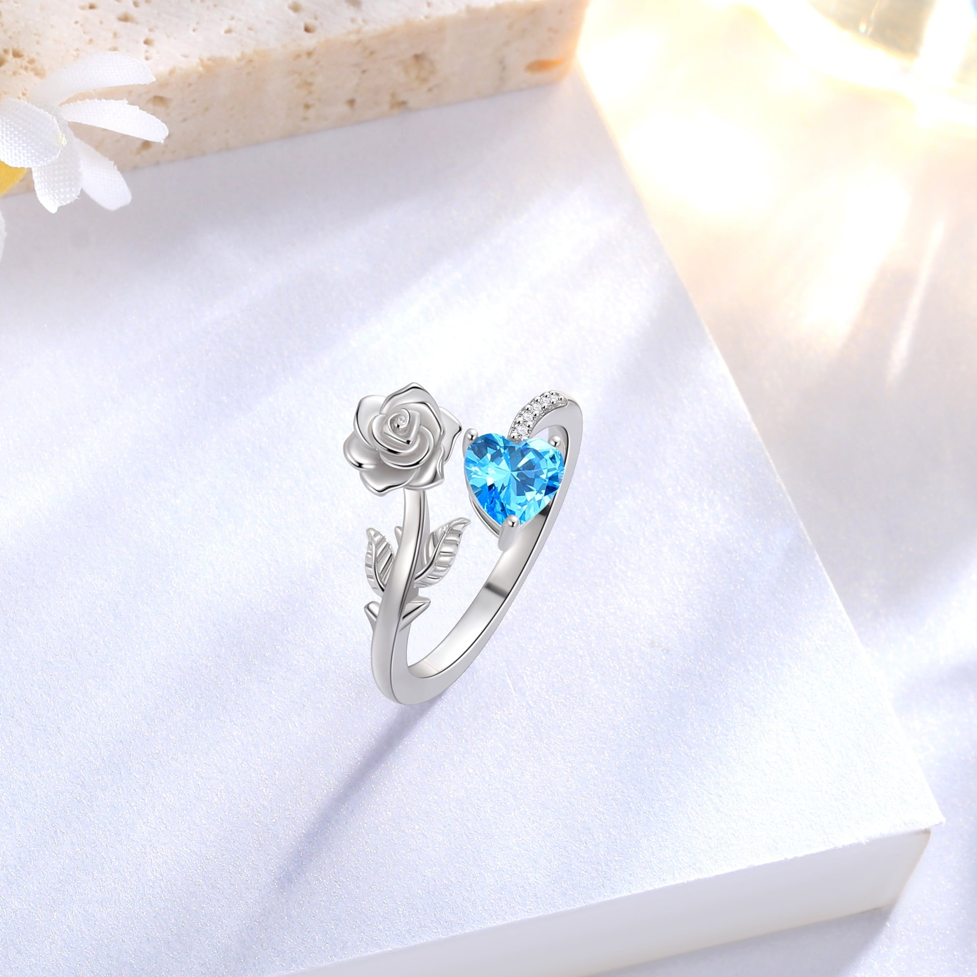 Rose Heart Ring,925 Sterling Adjustable Open Heart Rings Jewelry Gifts for Women Mom -December