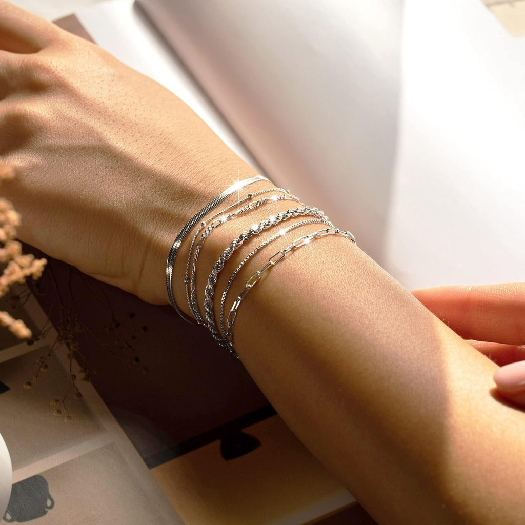Dainty Bracelets for Women , 925 Sterling Jewelry Set for Women Bracelets for Women Paperclip Box Herringbone Figaro Rope Chain Bracelet Pack Gifts for Women Girls
