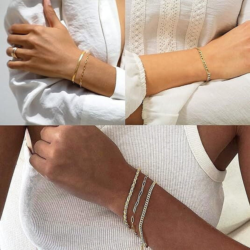 Bracelets for Women, 14K Plated Jewelry Sets for Women Thin Dainty Stackable Cuban Link Paperclip Chain Bracelet Pack Accessories Gifts