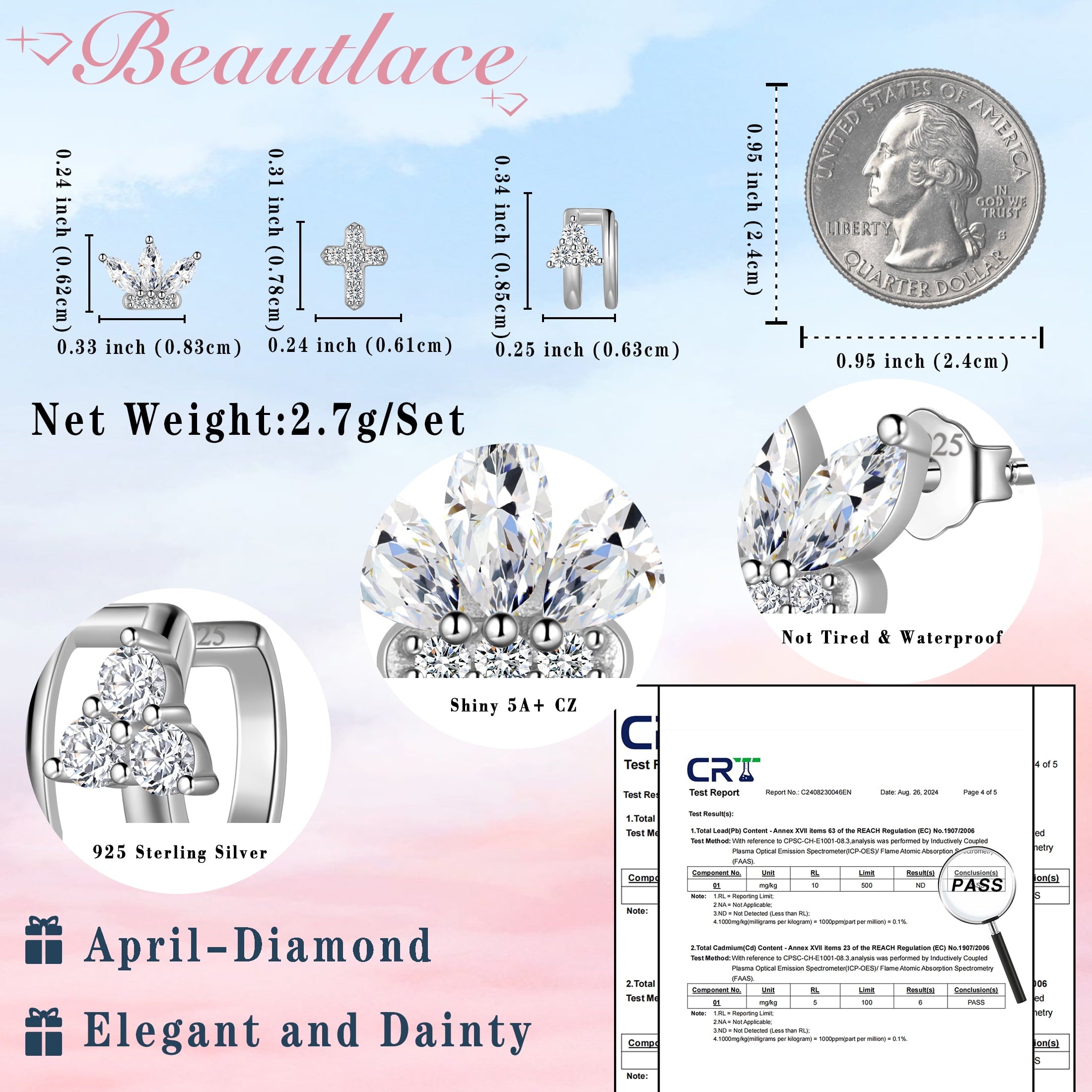 3 Pairs 925 Sterling Cross Earrings Set for Women, Flower Studs and Ear Cuffs Jewelry Set for Her