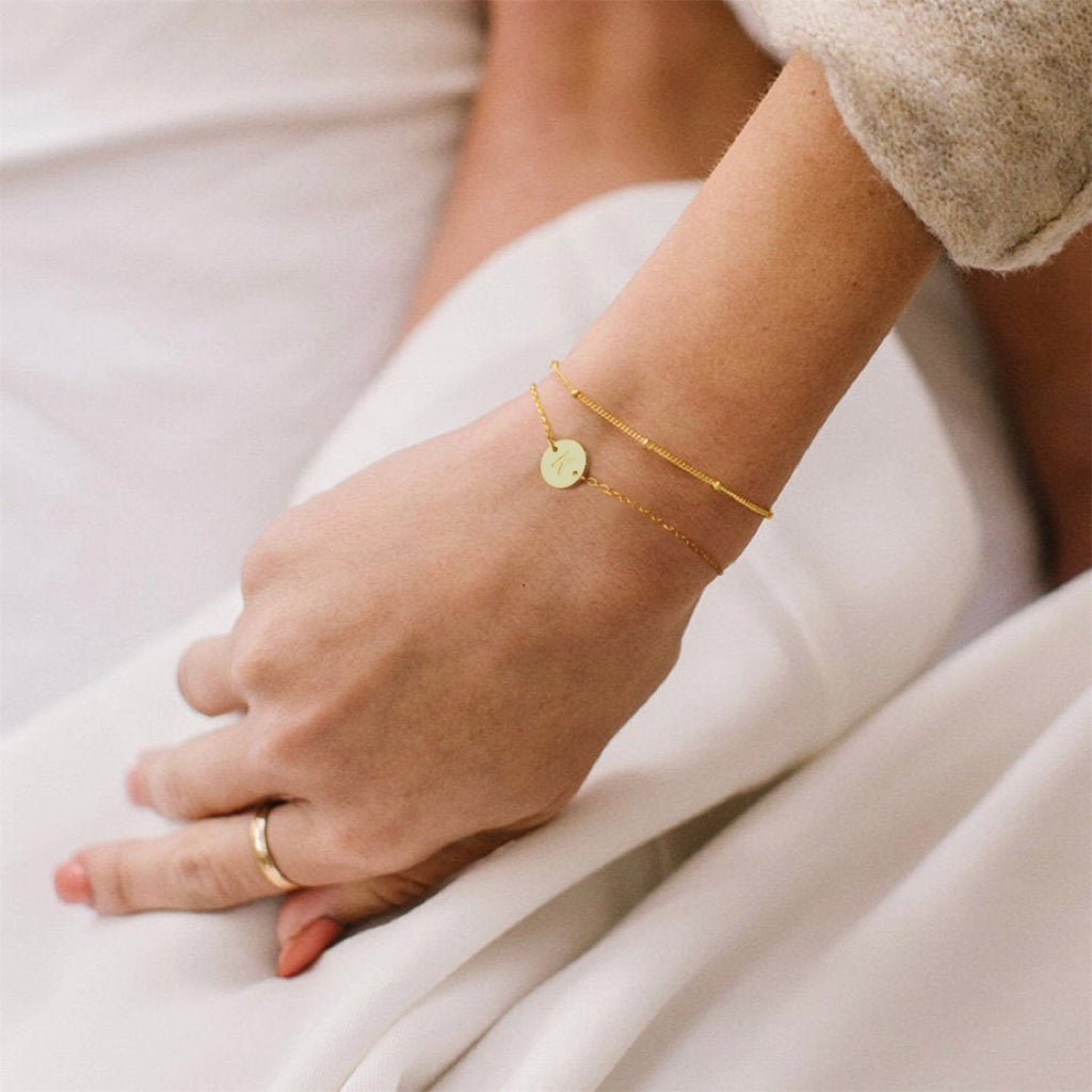 14K Plated Layered Initial Bracelets for Women Girls Dainty Adjustable Disc Charm Chain Personalized Letter A-Z Jewelry Easter Gifts for Women Girls