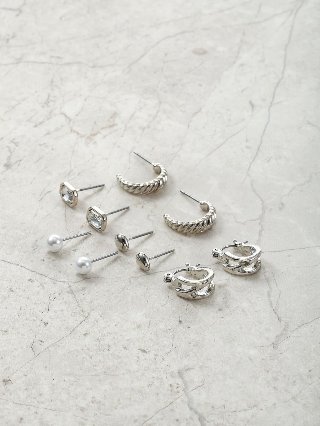 Silvertone Multi Earring Set, 5 Pairs, Initial B