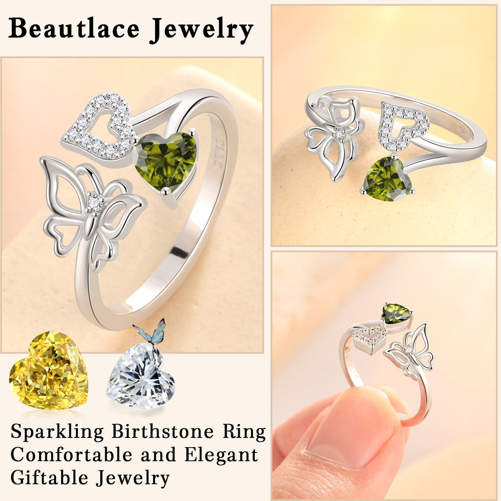 Rose Heart Ring,925 Sterling Adjustable Open Heart Rings Jewelry Gifts for Women Mom -December
