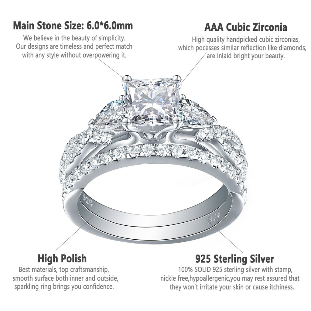 1.7ct Princess Pear White AAAAA Cz 925 Sterling Engagement Wedding Ring Set Size 6