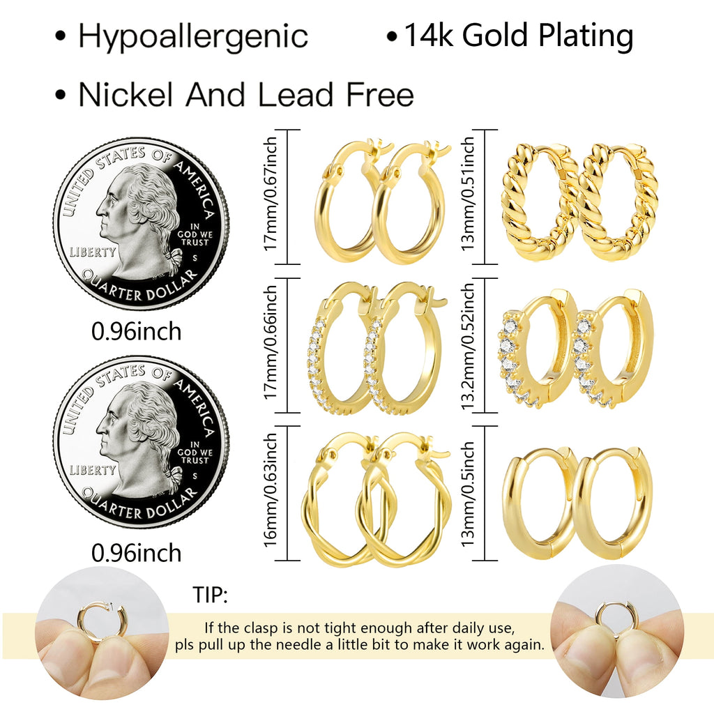 Plated Earrings for Women, 6 Pairs 14k Hoop Earrings, Hypoallergenic Chunky Jewelry Set Gifts