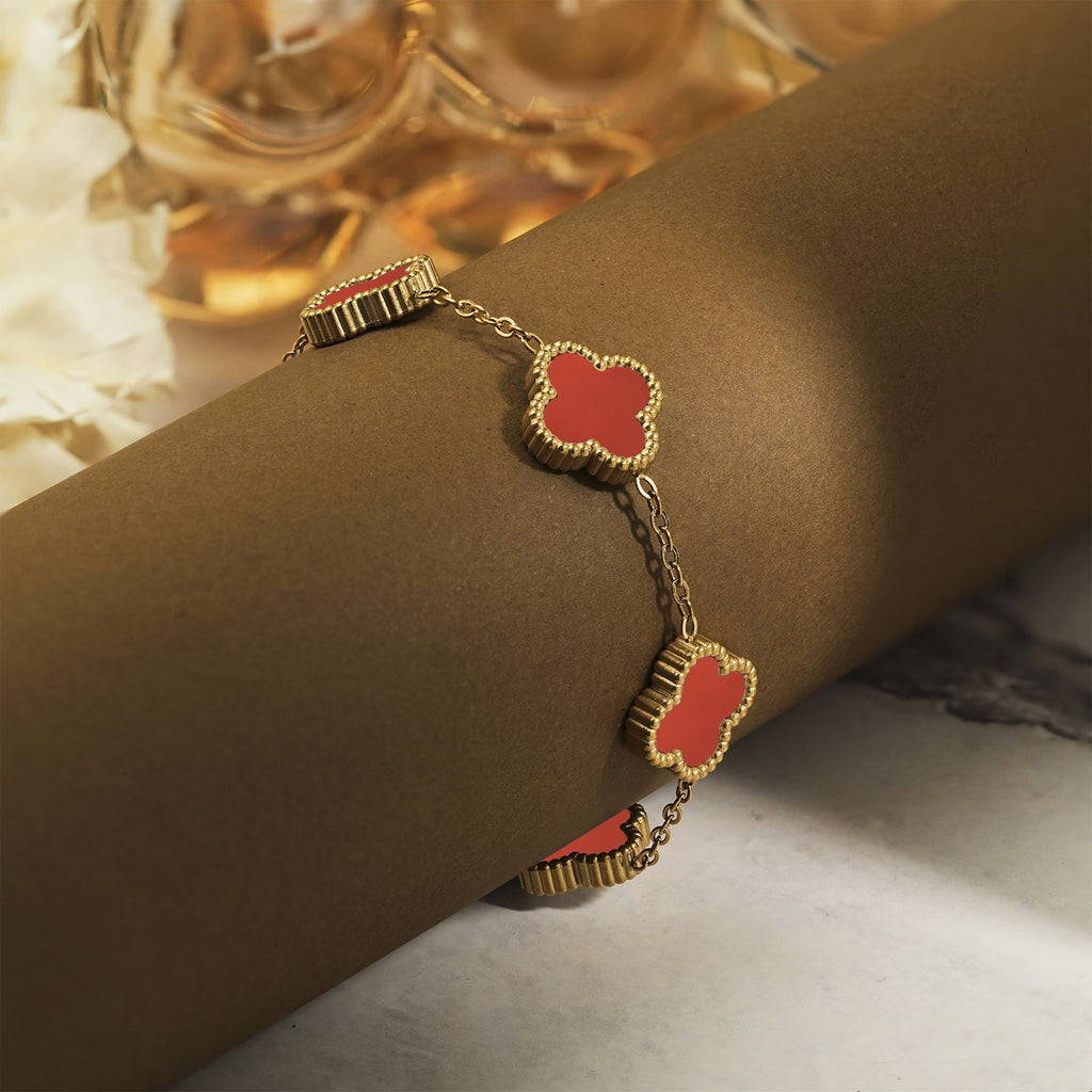White Flower Link Bracelet in Yellow Plated