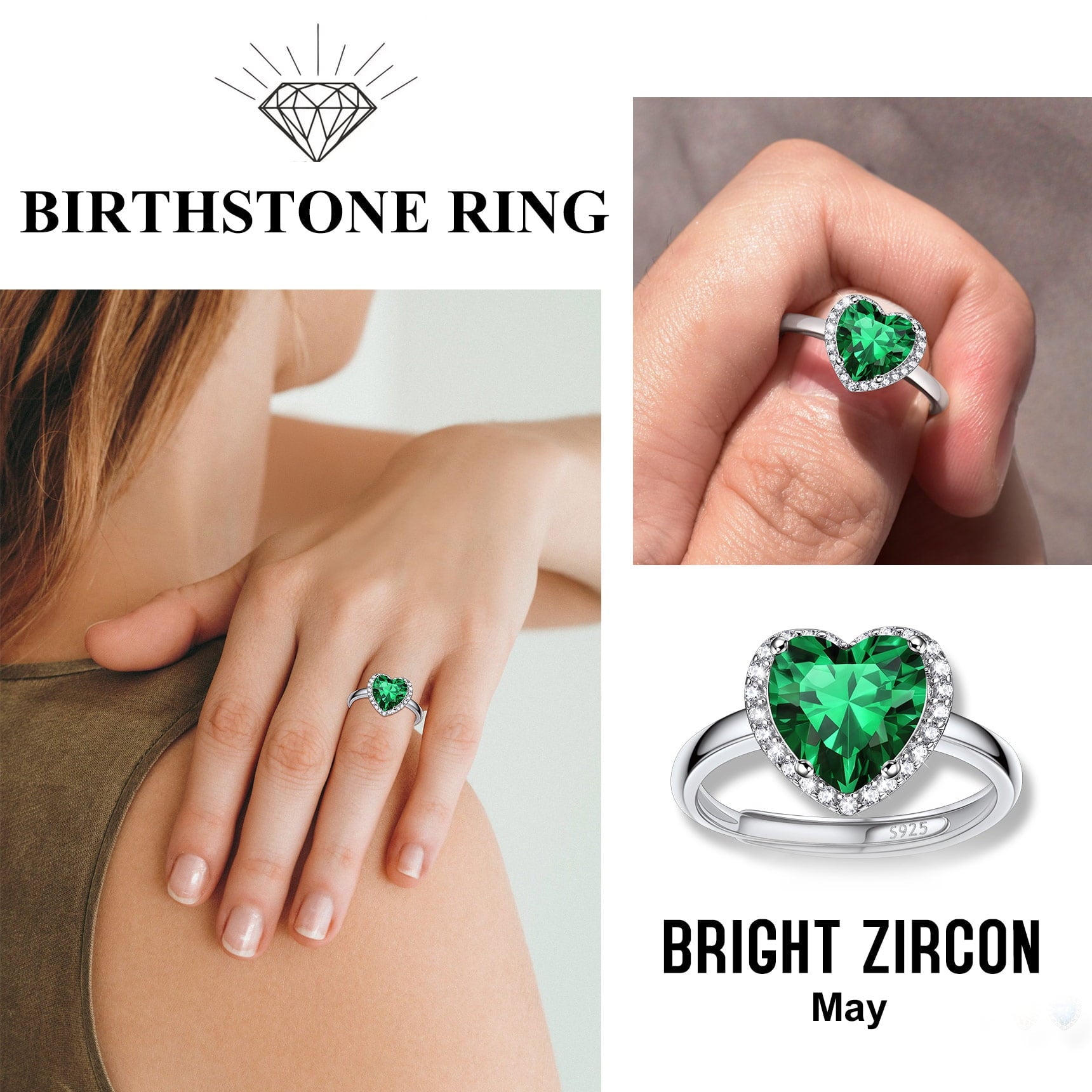S925 Sterling Heart Rings for Women Sparkle Open Band Ring July Created Ruby Rings Size 6-12