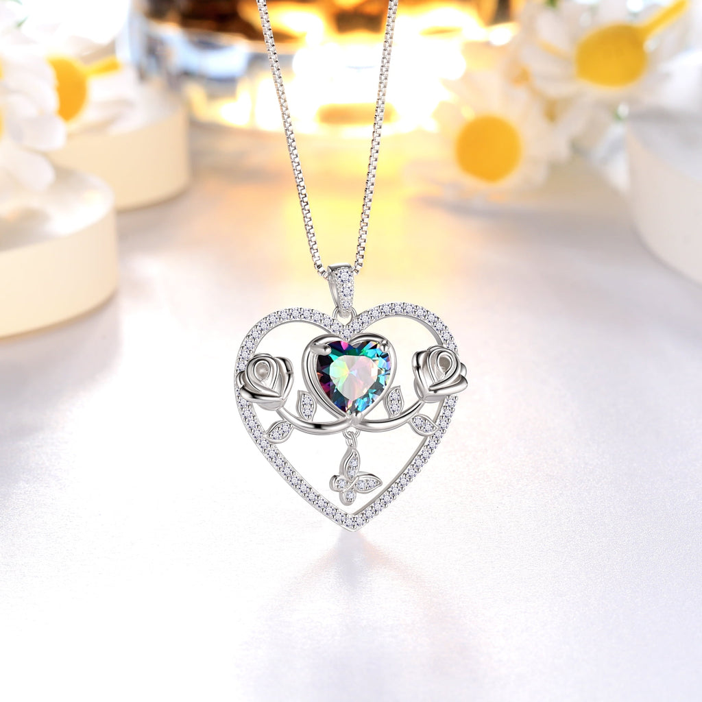 925 Sterling Necklace Rose Flower Heart Pendant Jewelry Valentines Gifts for Women Mom Wife/Lover