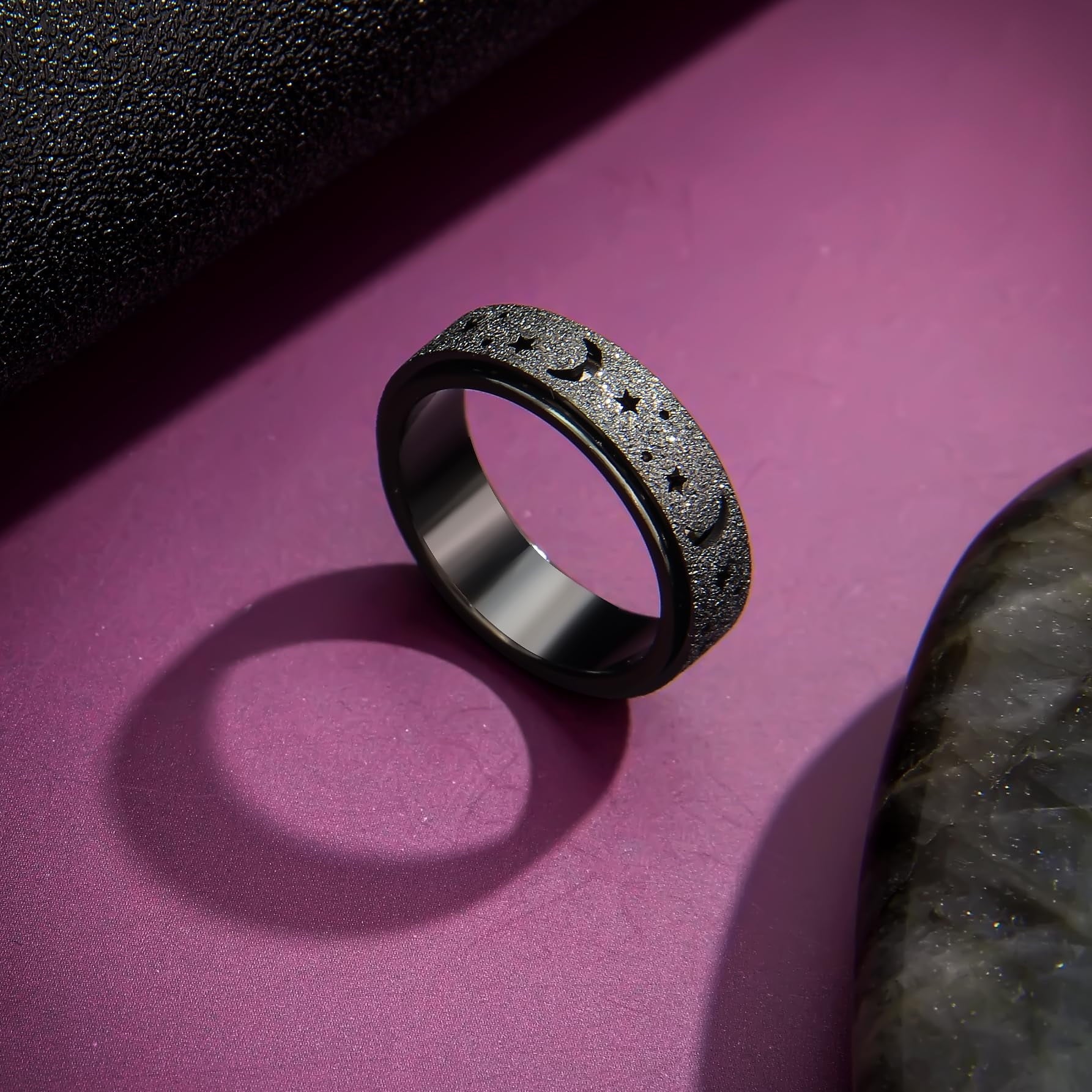 Anxiety Ring for Women Men, Anxiety Fidget Relief Spinner Rings Stainless Steel Worry Stress Relieve Ring Band Set for Anxiety Women Men，Anxiety Ring-Moon Star, Sandblasted Finished,Rainbow-Size6