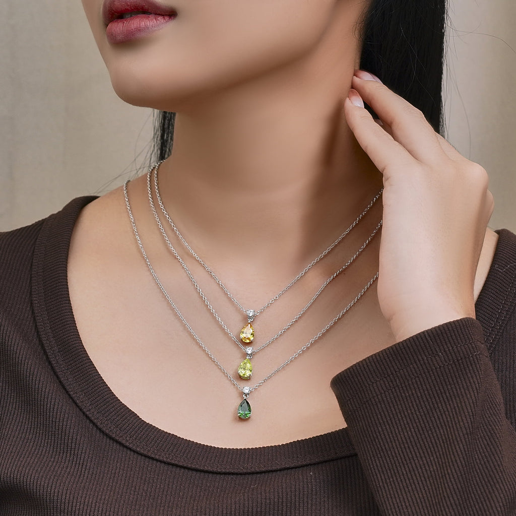 3.25 Cubic Zirconia April - Round and Pear Cut Dangle Pendant Necklace in 18k White Plated for Women