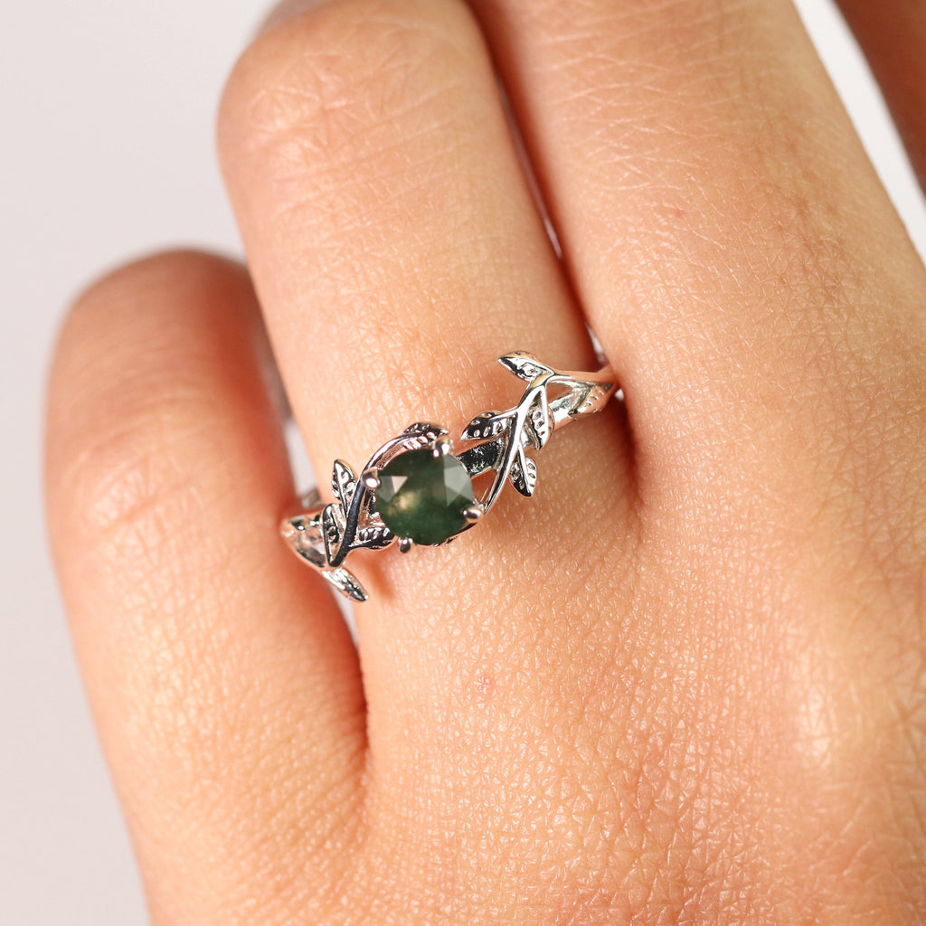 Nature Inspired 0.50 Green Moss Agate Solitaire Engagement Ring - Forest Ring - 18K White Plating for Women
