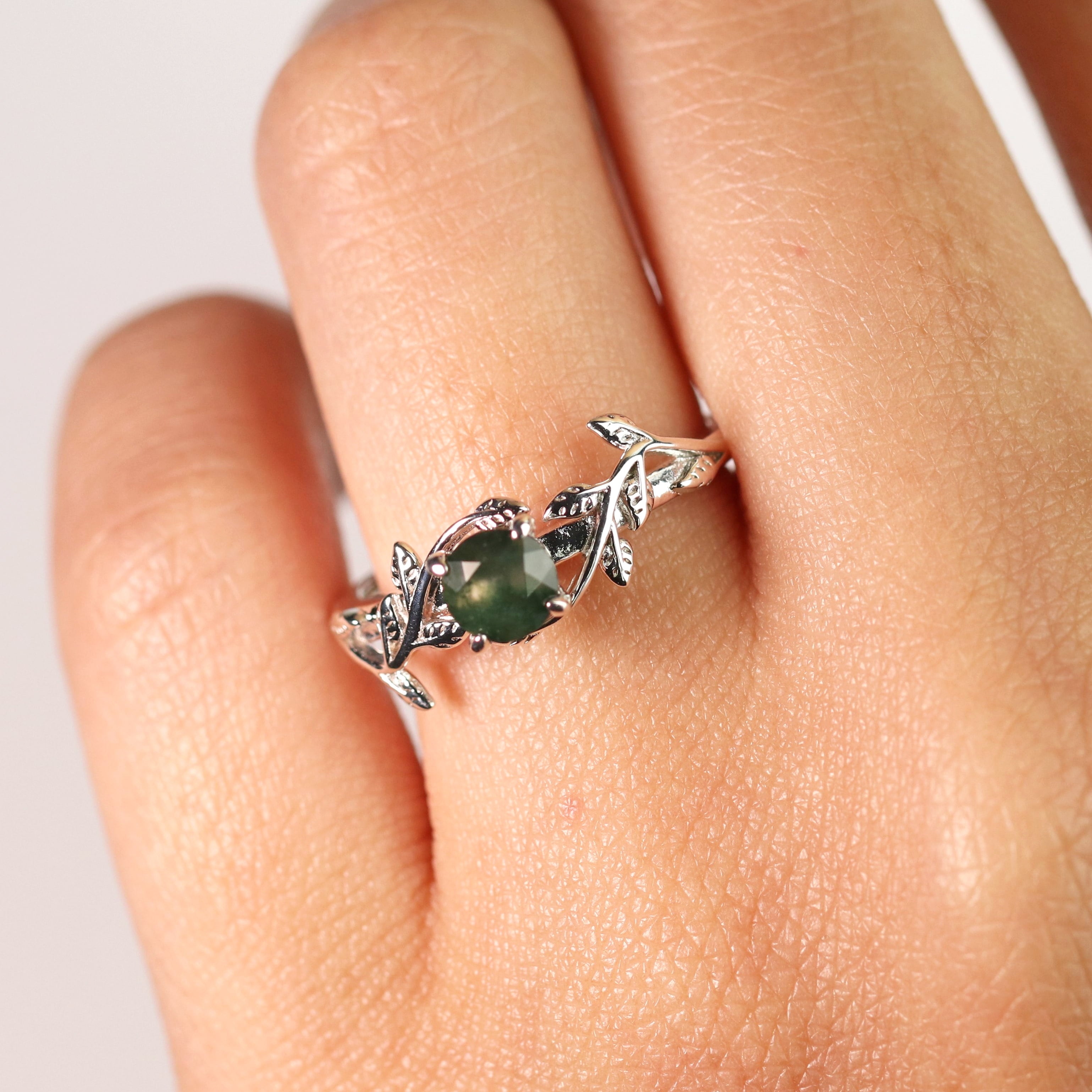 Nature Inspired 0.50 Green Moss Agate Solitaire Engagement Ring - Forest Ring - 18K White Plating for Women