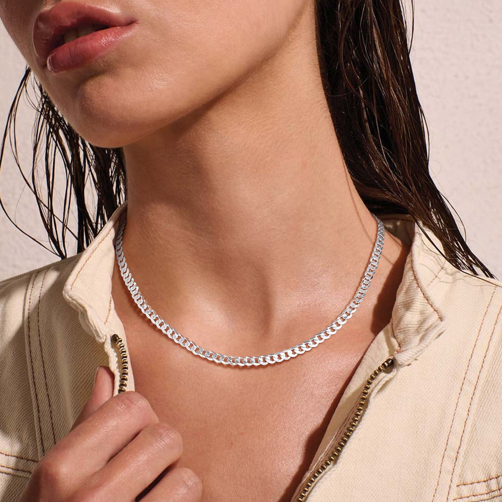 Solid 925 Sterling Chain Necklace 3mm Flat Curb Cuban Link Chain Jewelry for Men Women