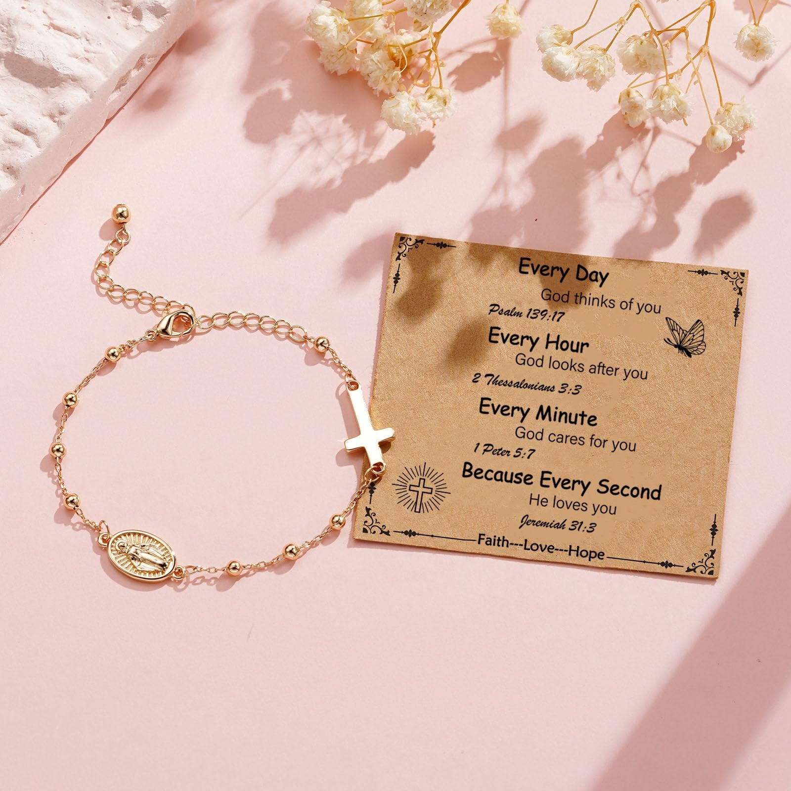 Rosary Beads Virgin Mary Cross Charm Bracelet for Women Kids Girls Teen Daughter Granddaughter Mom Wife Girlfriend Stuff Christian Catholic Jewelry Gifts for Women Girls Age