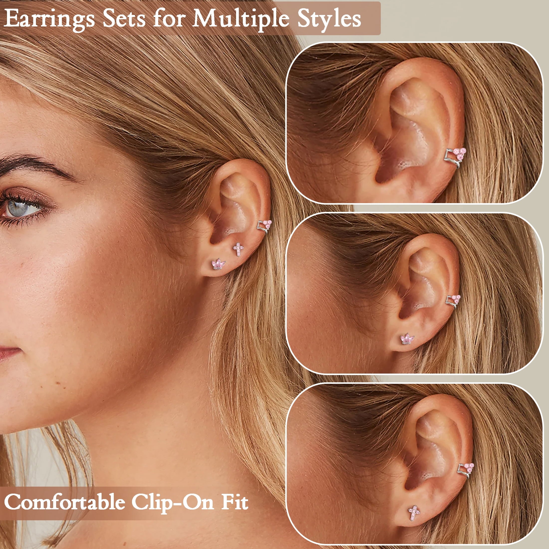 3 Pairs 925 Sterling Cross Earrings Set for Women, Flower Studs and Ear Cuffs Jewelry Set for Her